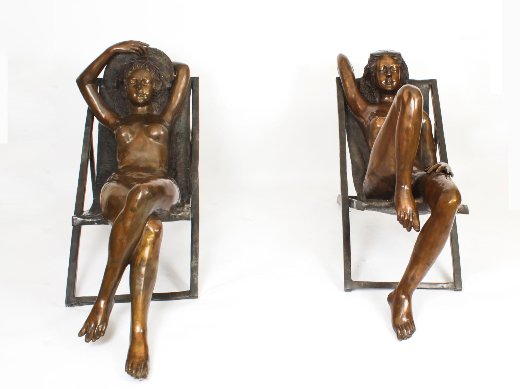 Vintage Large Bronze Sunbathing Ladies Sculptures 20th Century For Sale 7