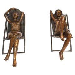 Used Large Bronze Sunbathing Ladies Sculptures 20th Century