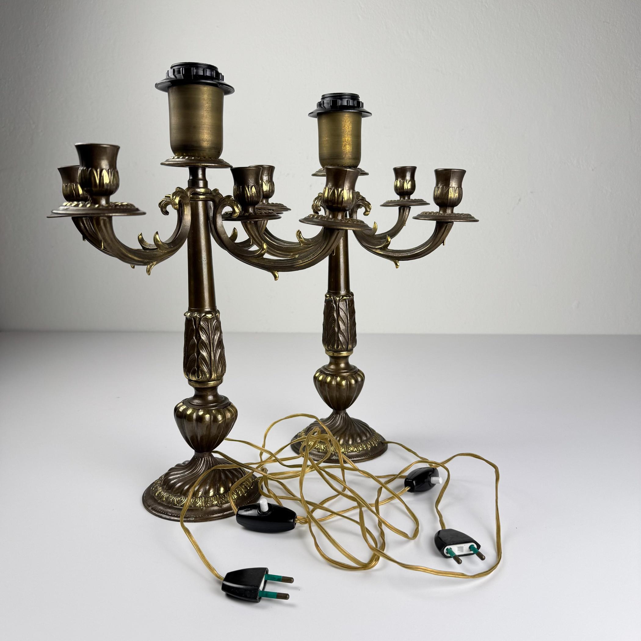 Vintage large bronze table lamps, Italy 1950s, Set of 2 For Sale 6