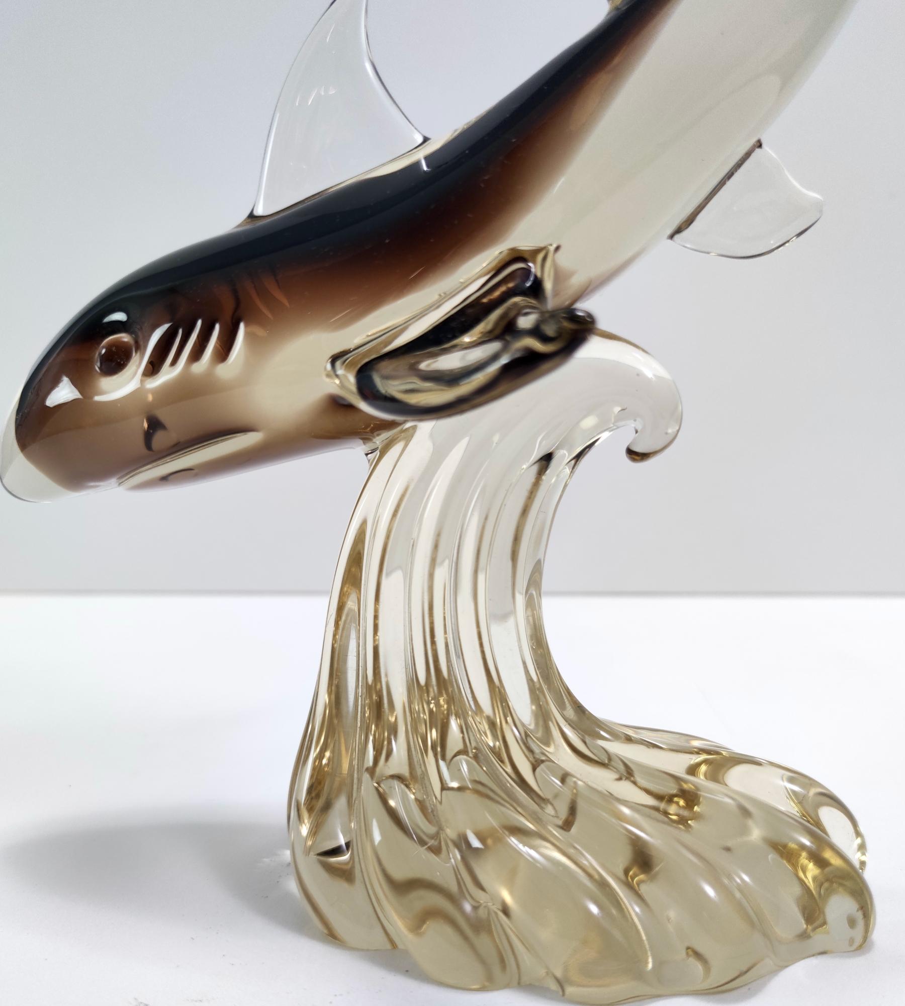 Vintage Large Brown and Amber Murano Glass Shark on a Wave Shaped Base, Italy For Sale 2