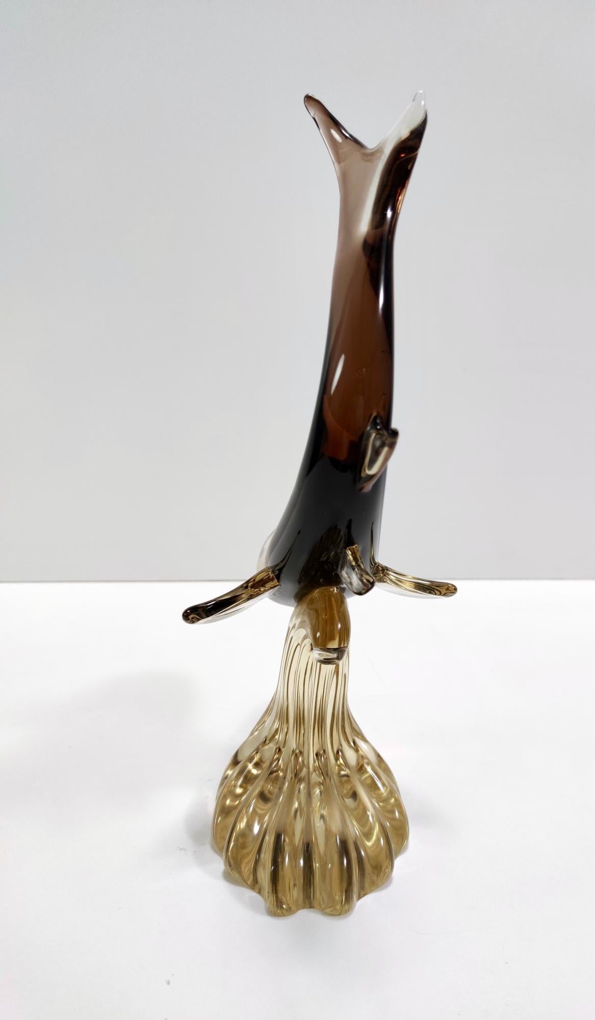 Italian Vintage Large Brown and Amber Murano Glass Shark on a Wave Shaped Base, Italy For Sale