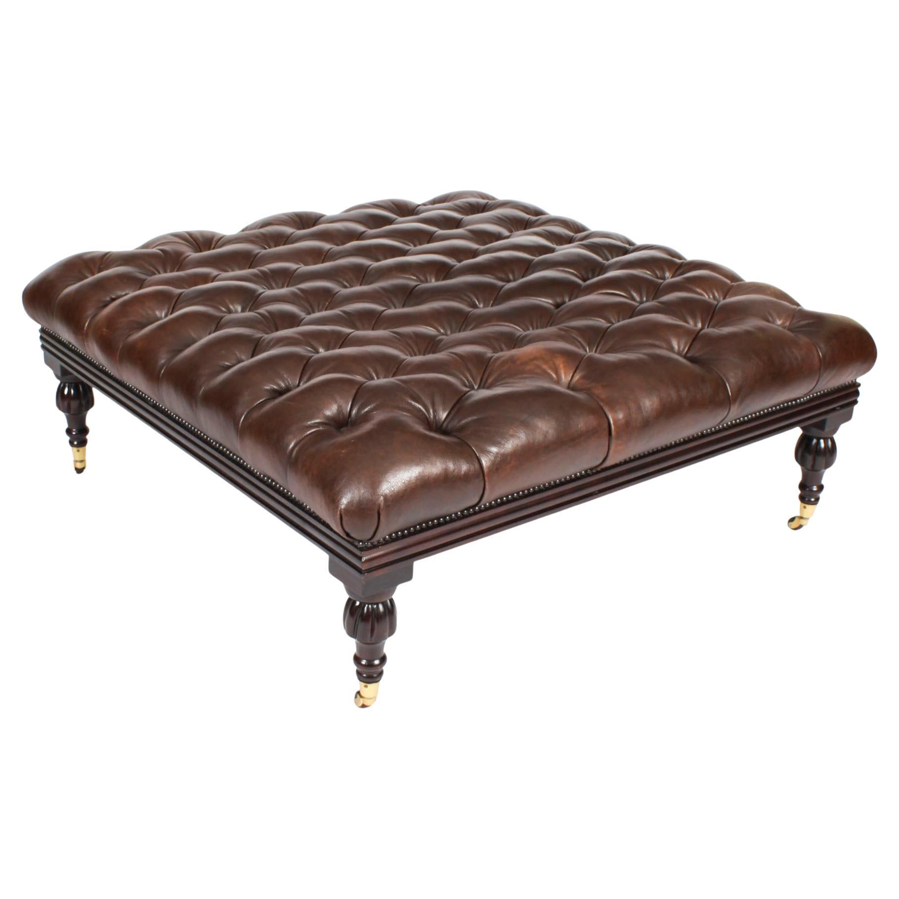Vintage Large Brown Leather Stool Ottoman Coffee table 20th Century