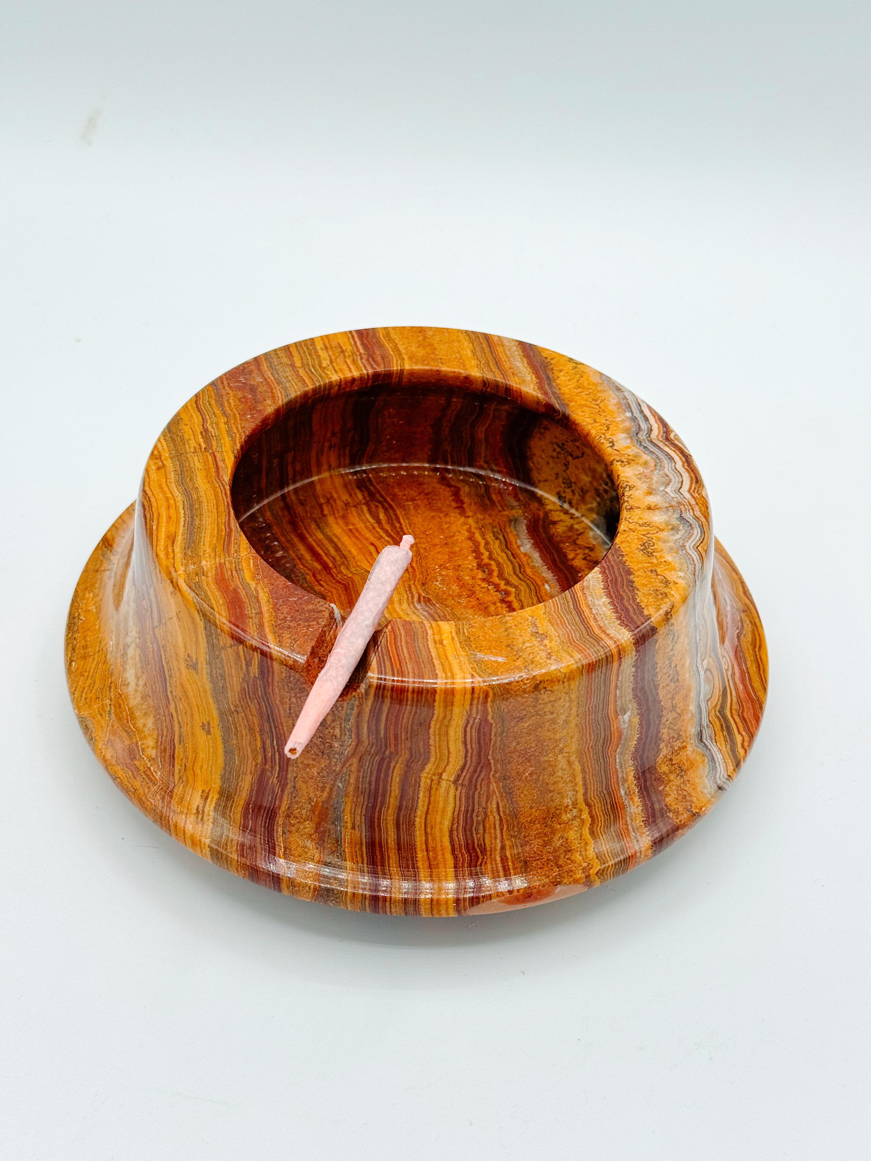 Cenicero Vintage Grande Marrón Mármol Onix Remolino Mid Century Crema Rojo pesado en venta 2