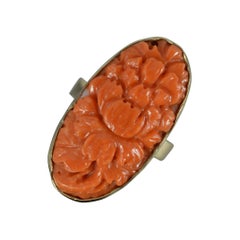 Vintage Large Carved Coral and 9 Carat Gold Solitaire Statement Ring