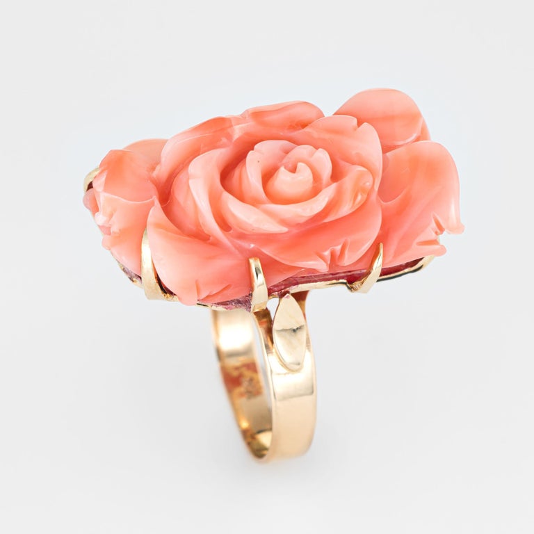 Vintage Large Carved Coral Ring 14 Karat Gold Flower Rose Cocktail