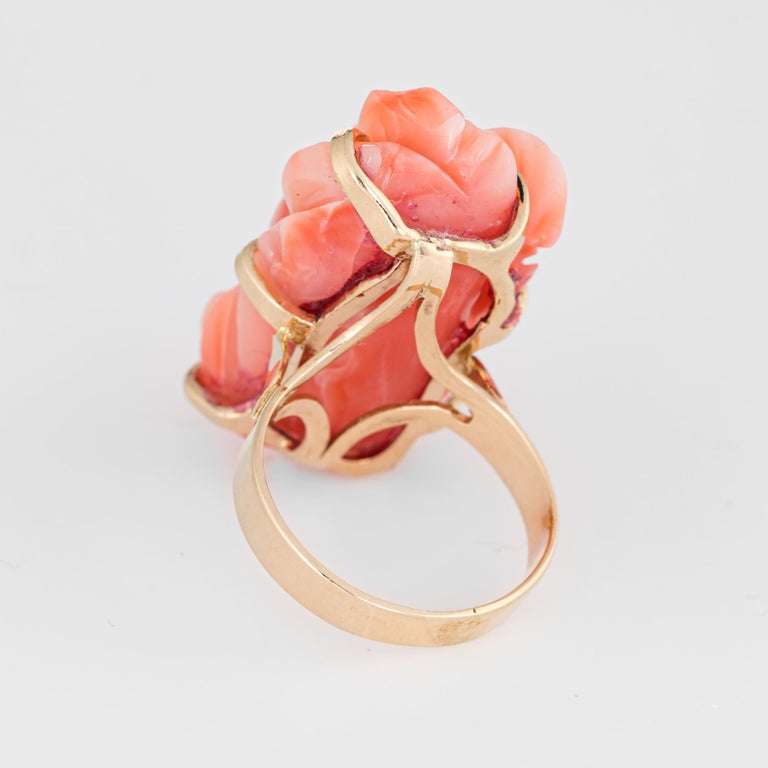 Vintage Large Carved Coral Ring 14 Karat Gold Flower Rose Cocktail