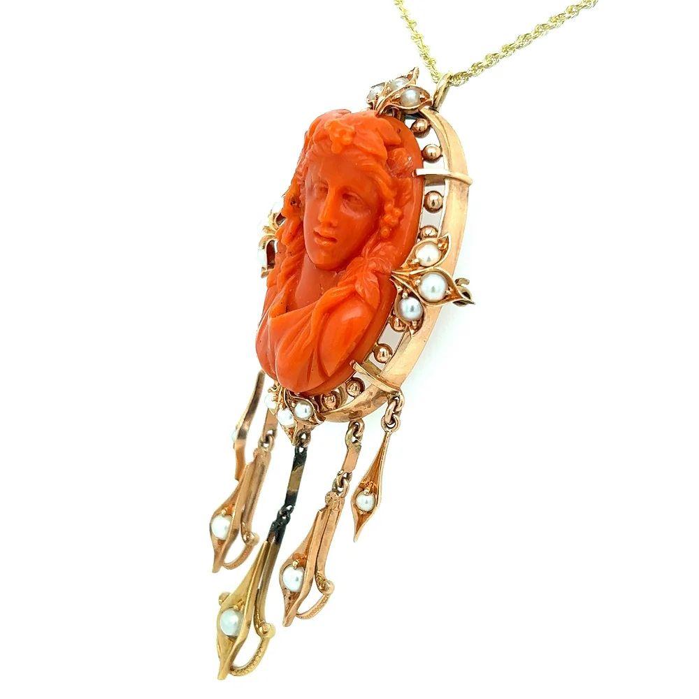 Victorian Vintage Large Carved Coral Seed Pearl Antique Gold Brooch Pin Pendant Necklace For Sale