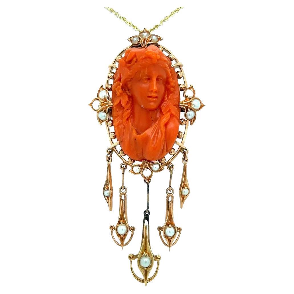 Vintage Large Carved Coral Seed Pearl Antique Gold Brooch Pin Pendant Necklace For Sale