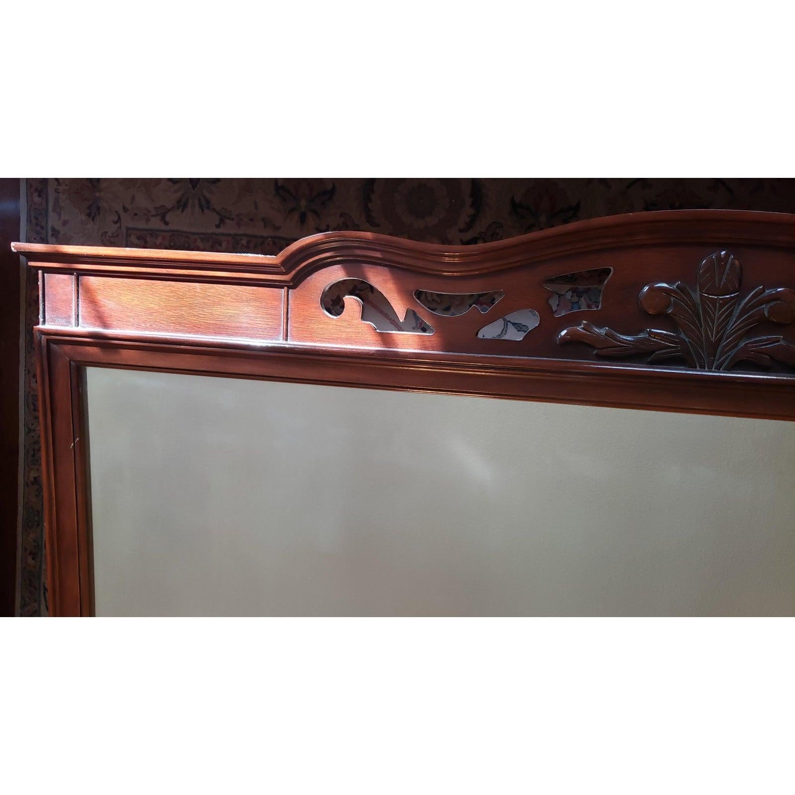 American Vintage Large Carved Mahogany Hanging Wall Mirror For Sale