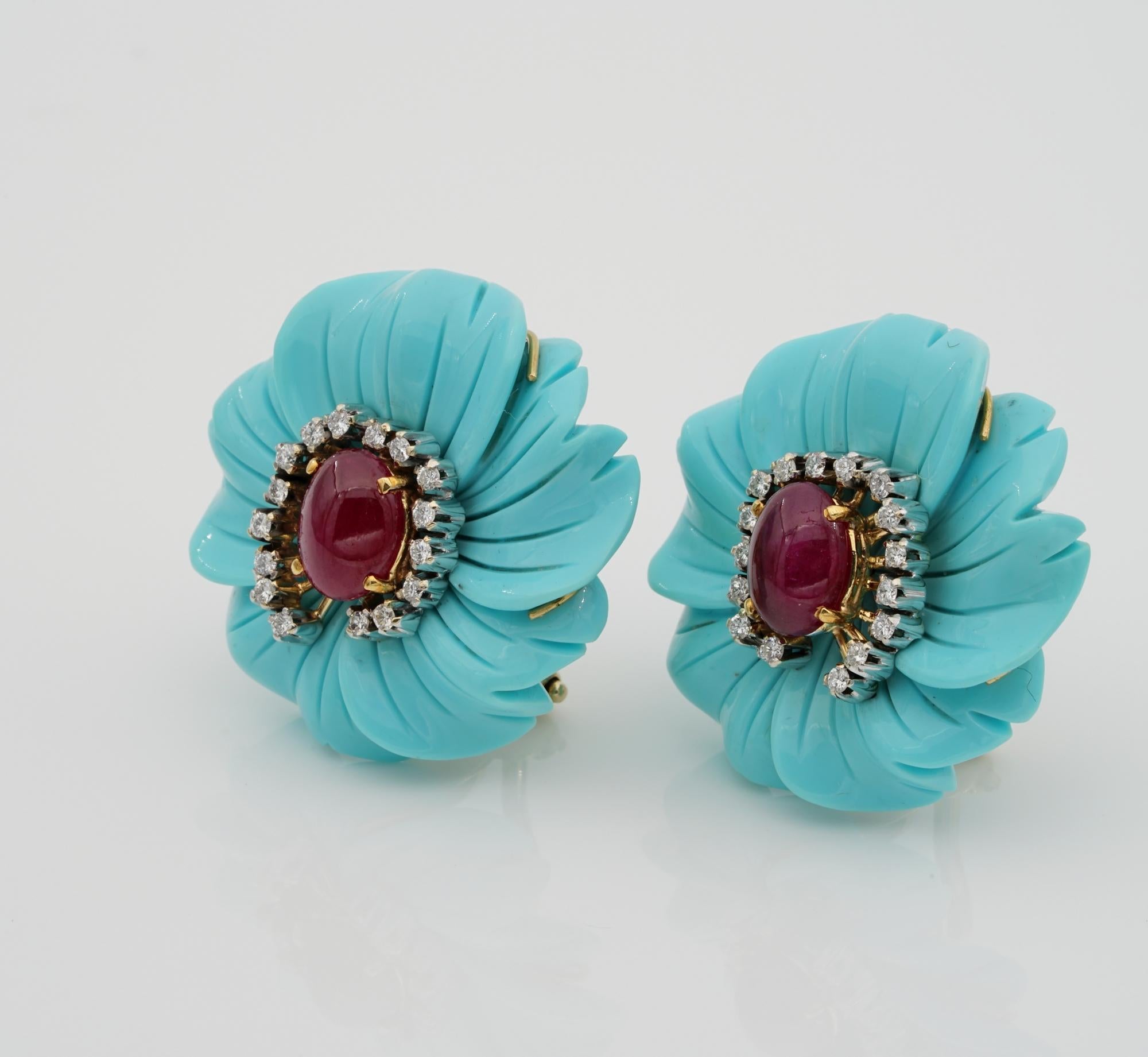 Contemporary Vintage Large Carved Turquoise Flower Earrings Ruby Diamond Heart 18 Karat Gold
