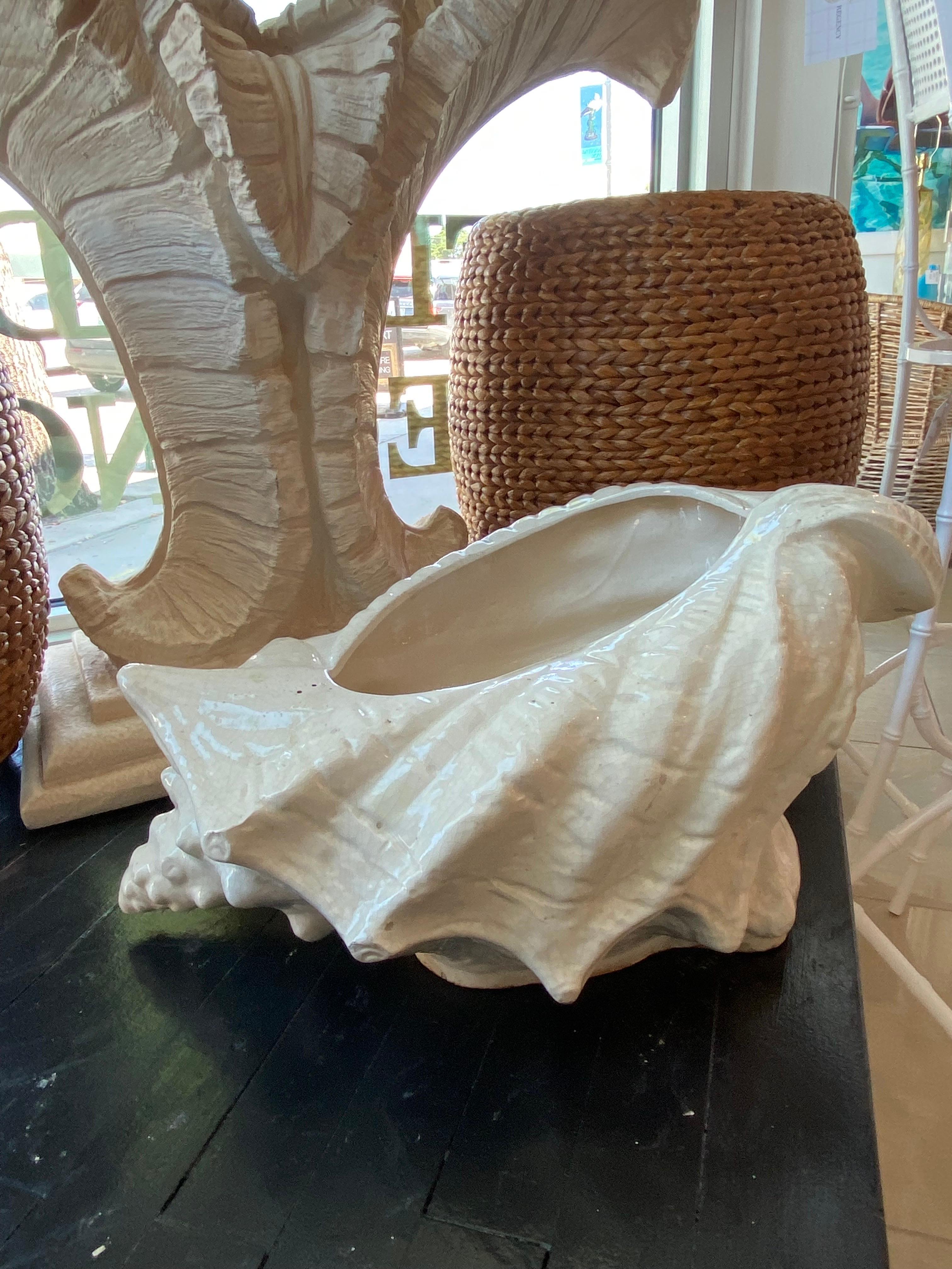 Vintage large oversized ceramic crackle seashell shell planter. Drainage hole inside. Dimensions: 10 H x 12 D x 22 W.