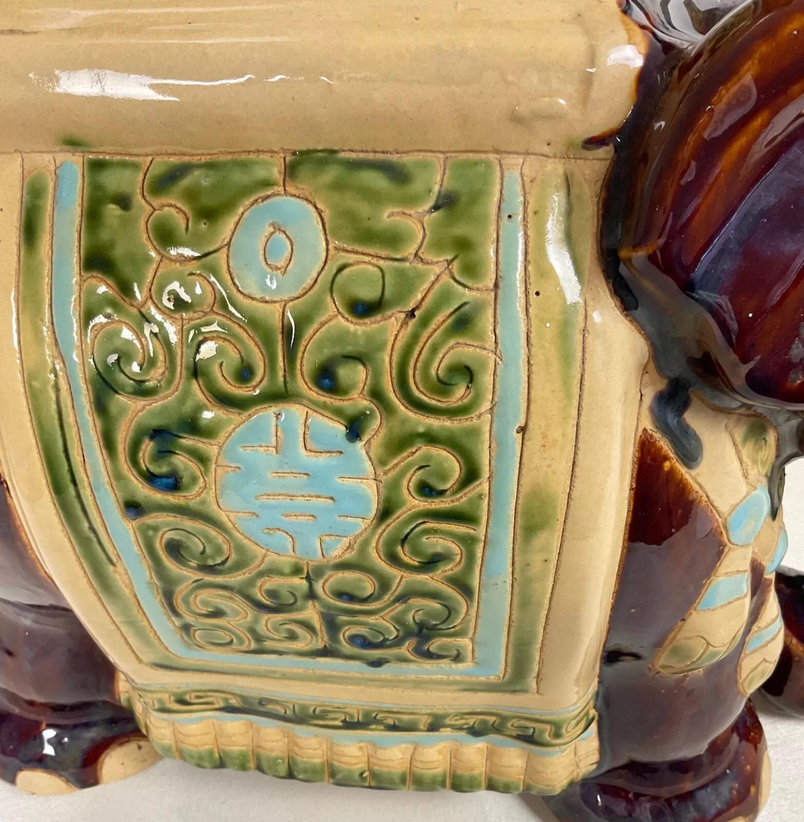 Grand porte-plante éléphant vintage en céramique - Finition émaillée et craquelée - 2Y480 en vente 8