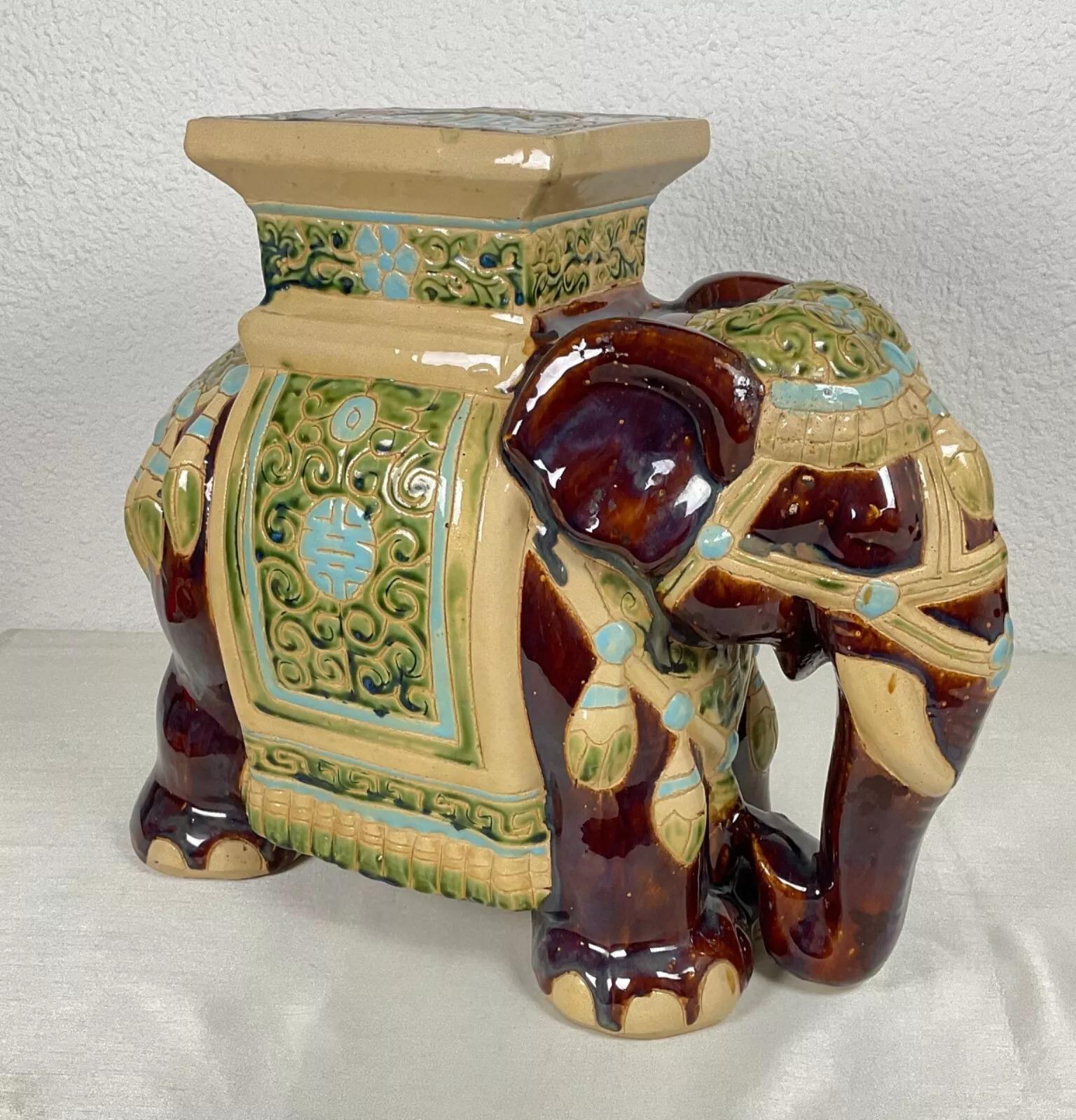 Grand porte-plante éléphant vintage en céramique - Finition émaillée et craquelée - 2Y480 en vente 4