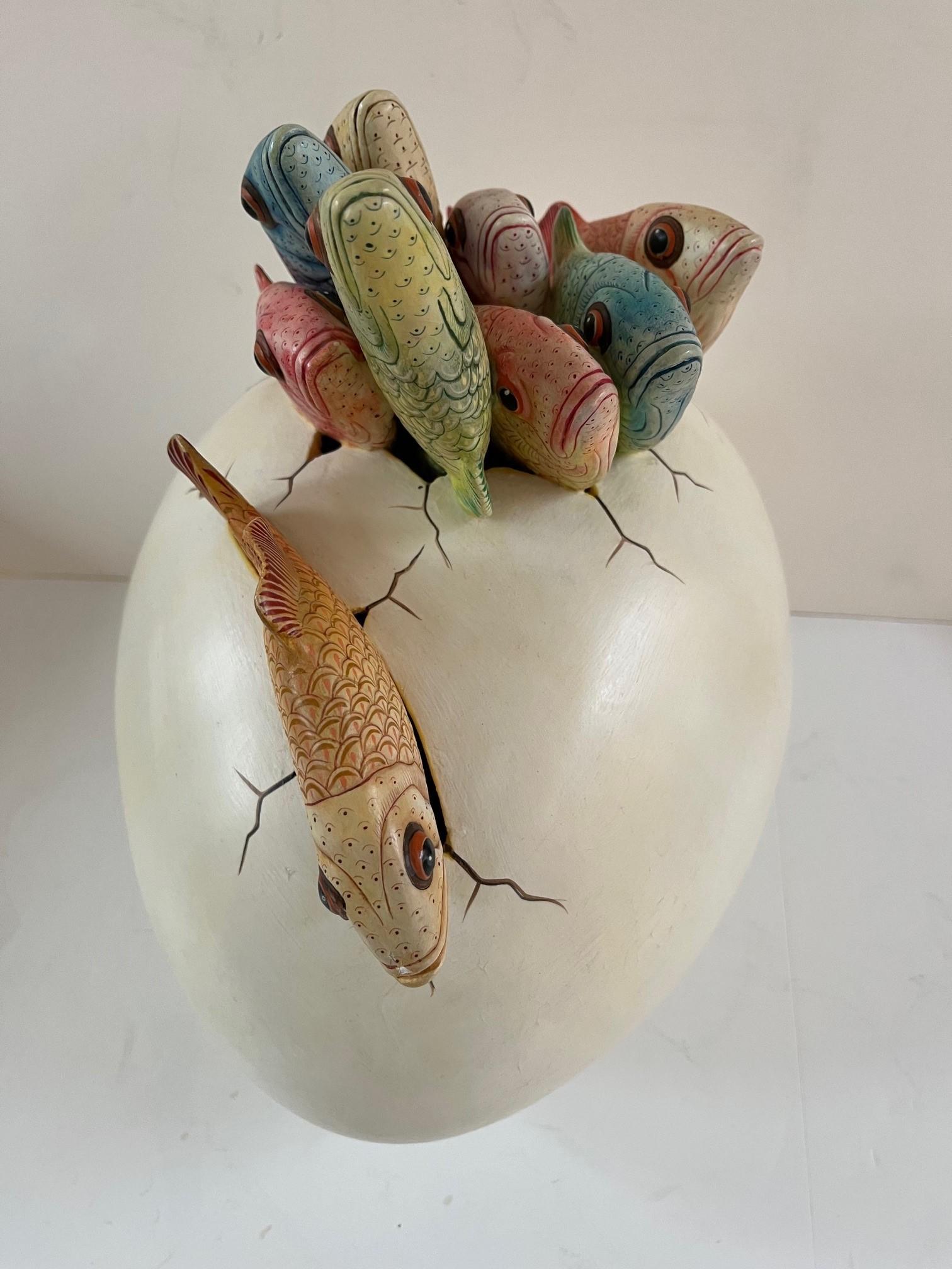 Vintage Large Ceramic Hatching Fish Egg Sculpture Figuring by Sergio Bustamente. In Good Condition For Sale In Los Angeles, CA
