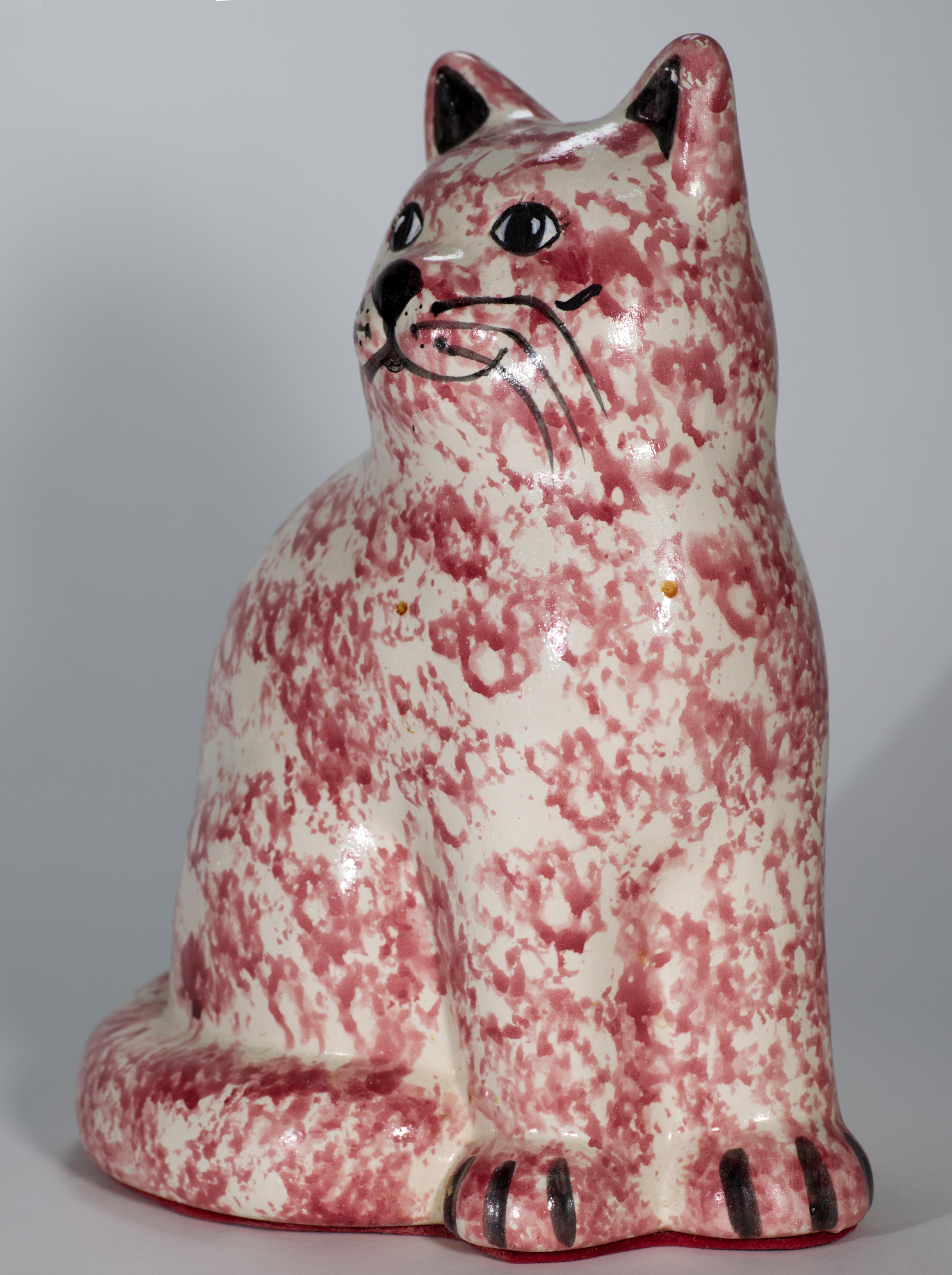 Hand-Painted Vintage Large Ceramic Sitting Cat Figurine, Pink Sponge Ware Folk Art Style For Sale