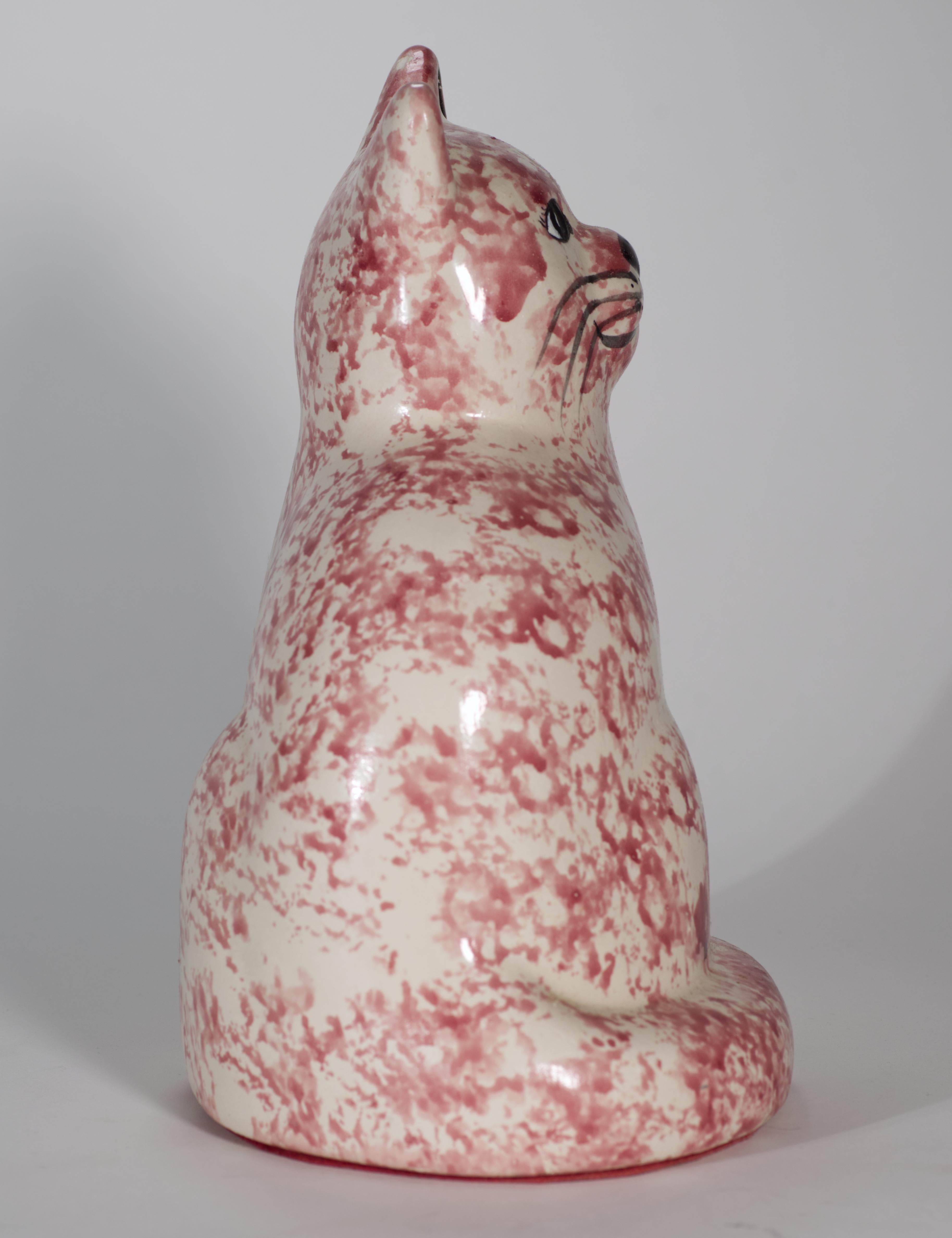20th Century Vintage Large Ceramic Sitting Cat Figurine, Pink Sponge Ware Folk Art Style For Sale