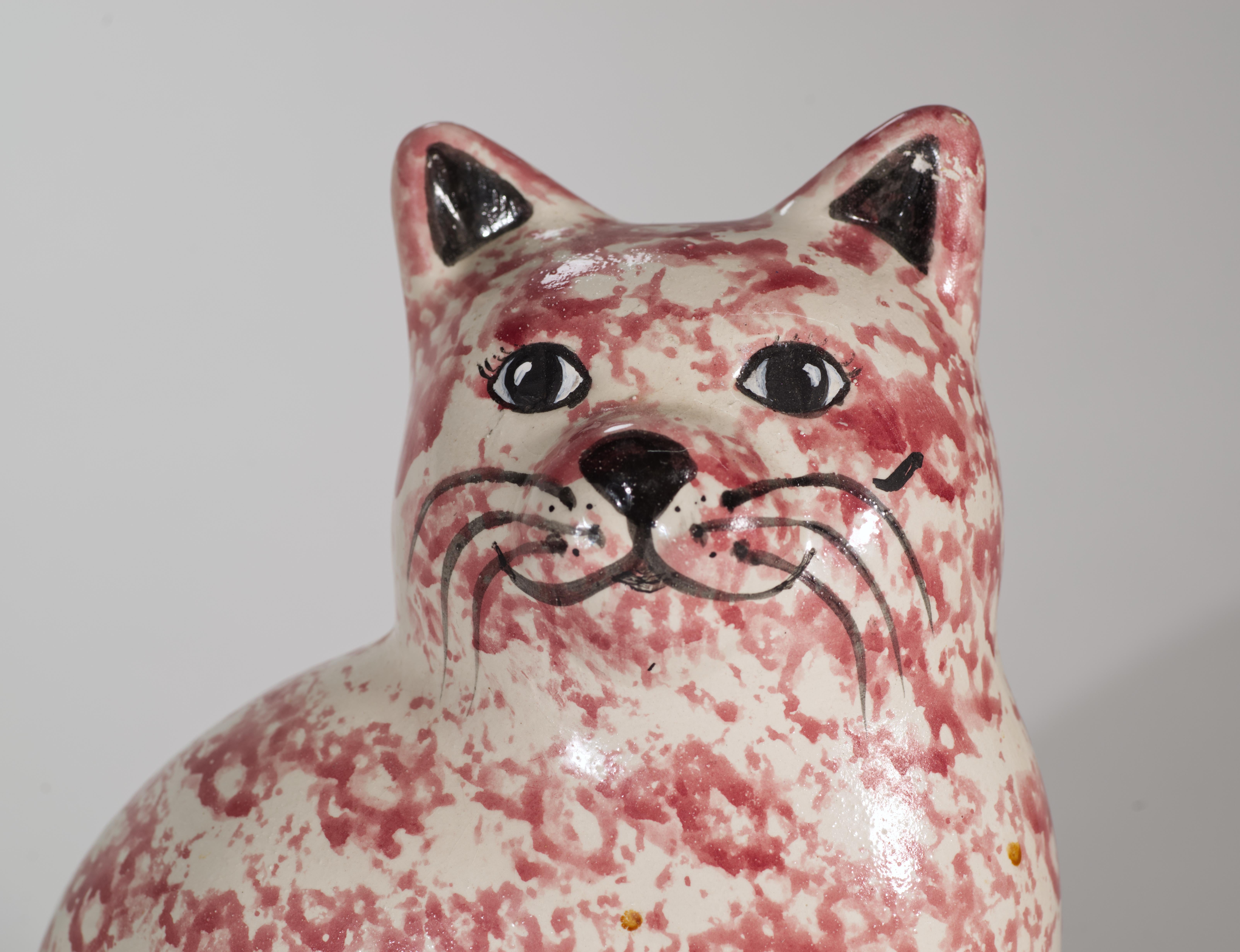 Vintage Large Ceramic Sitting Cat Figurine, Pink Sponge Ware Folk Art Style For Sale 1