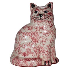 Vintage Large Ceramic Sitting Cat Figurine, Pink Sponge Ware Folk Art Style