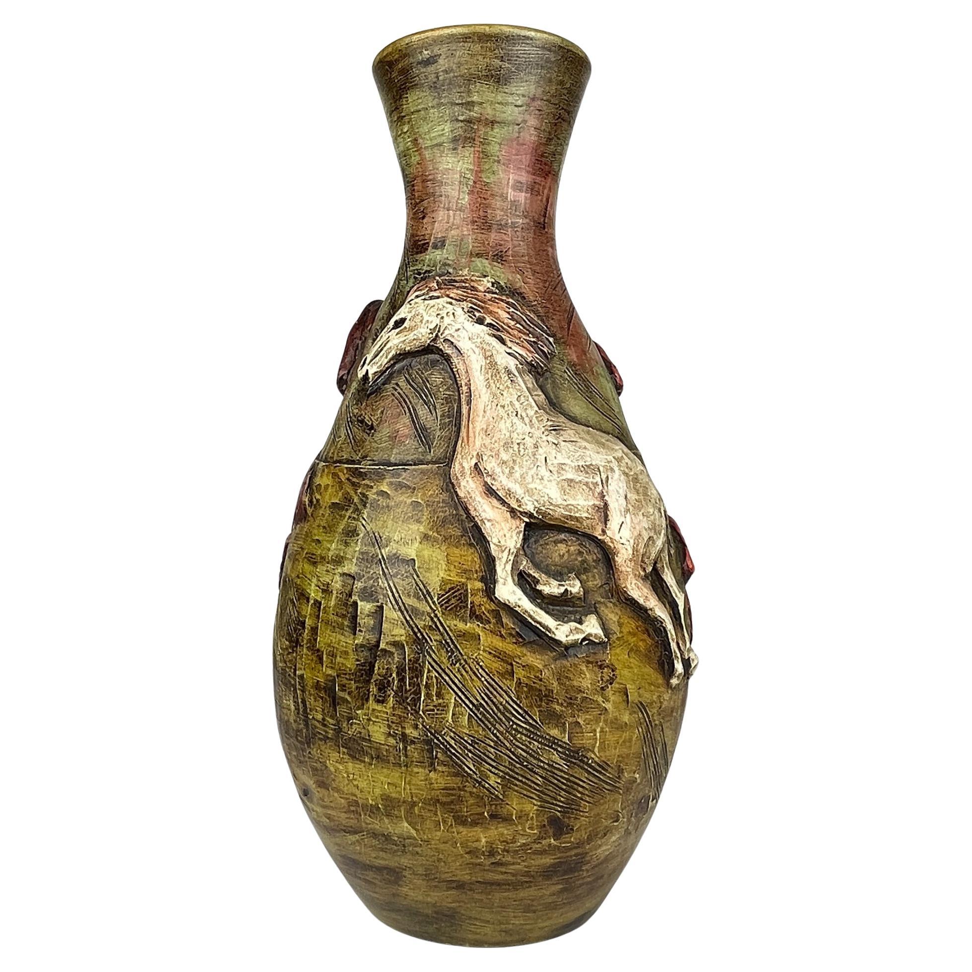 Vintage large ceramic vase Horses, Italy 1970s