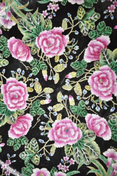 Vintage Large Chinese Porcelain Black Noir Pink Rose Medallion Charger Bowl