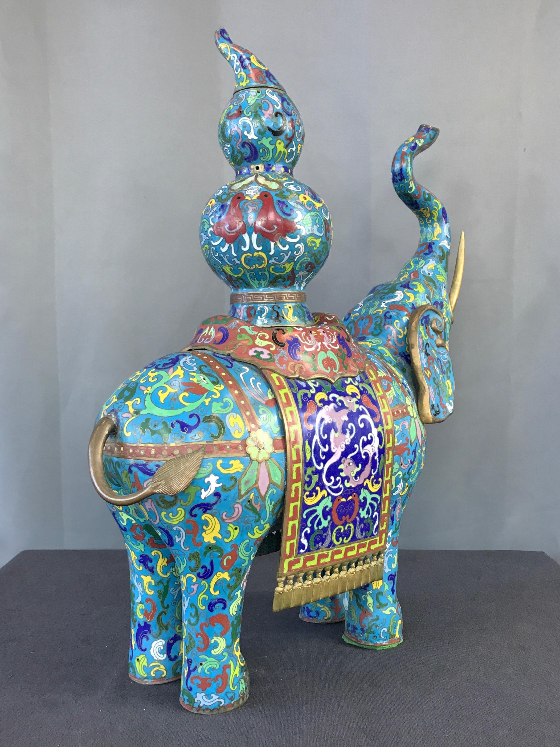 Cloissoné Vintage Large Chinese Brass & Copper Cloisonné Elephant Incense Holder