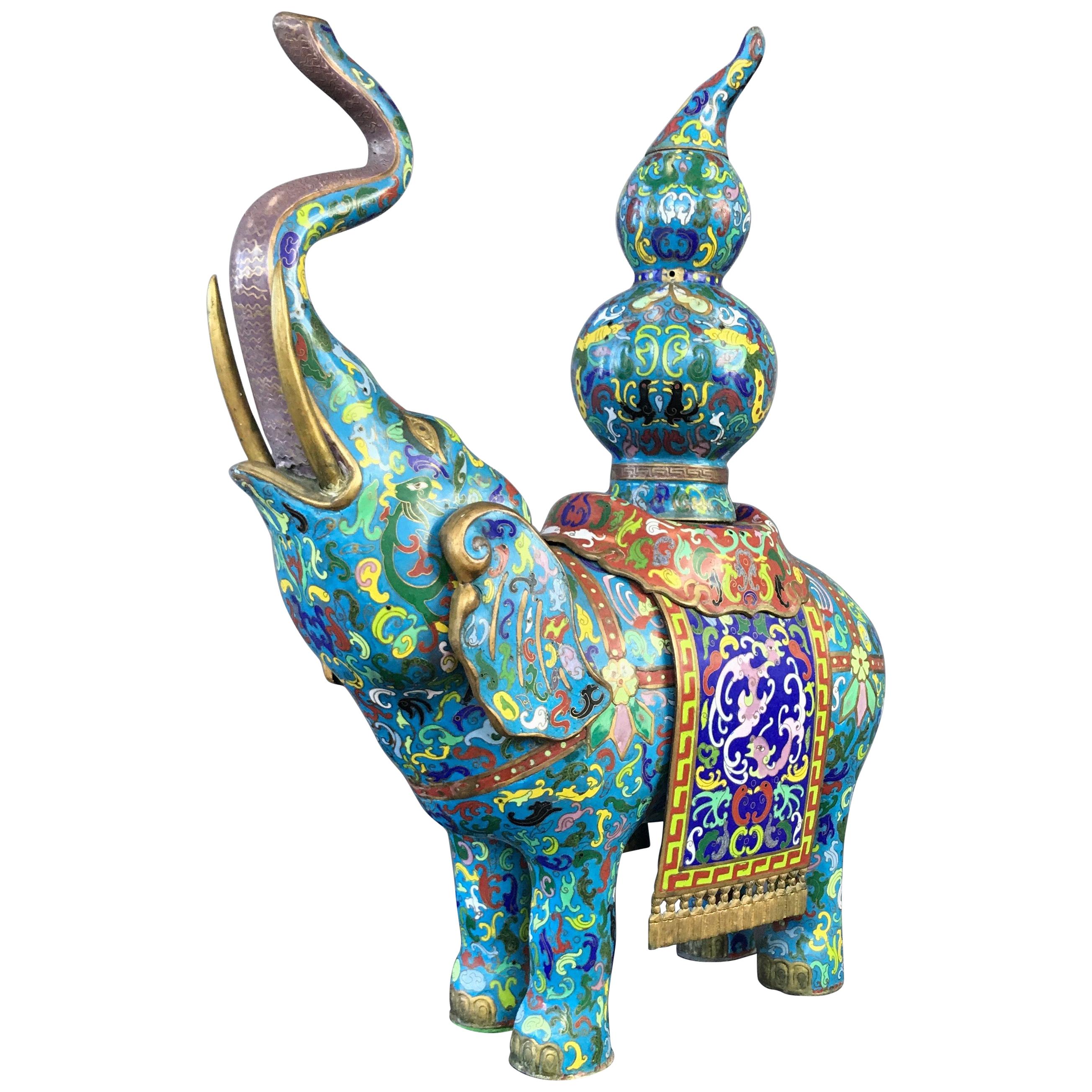 Vintage Large Chinese Brass & Copper Cloisonné Elephant Incense Holder