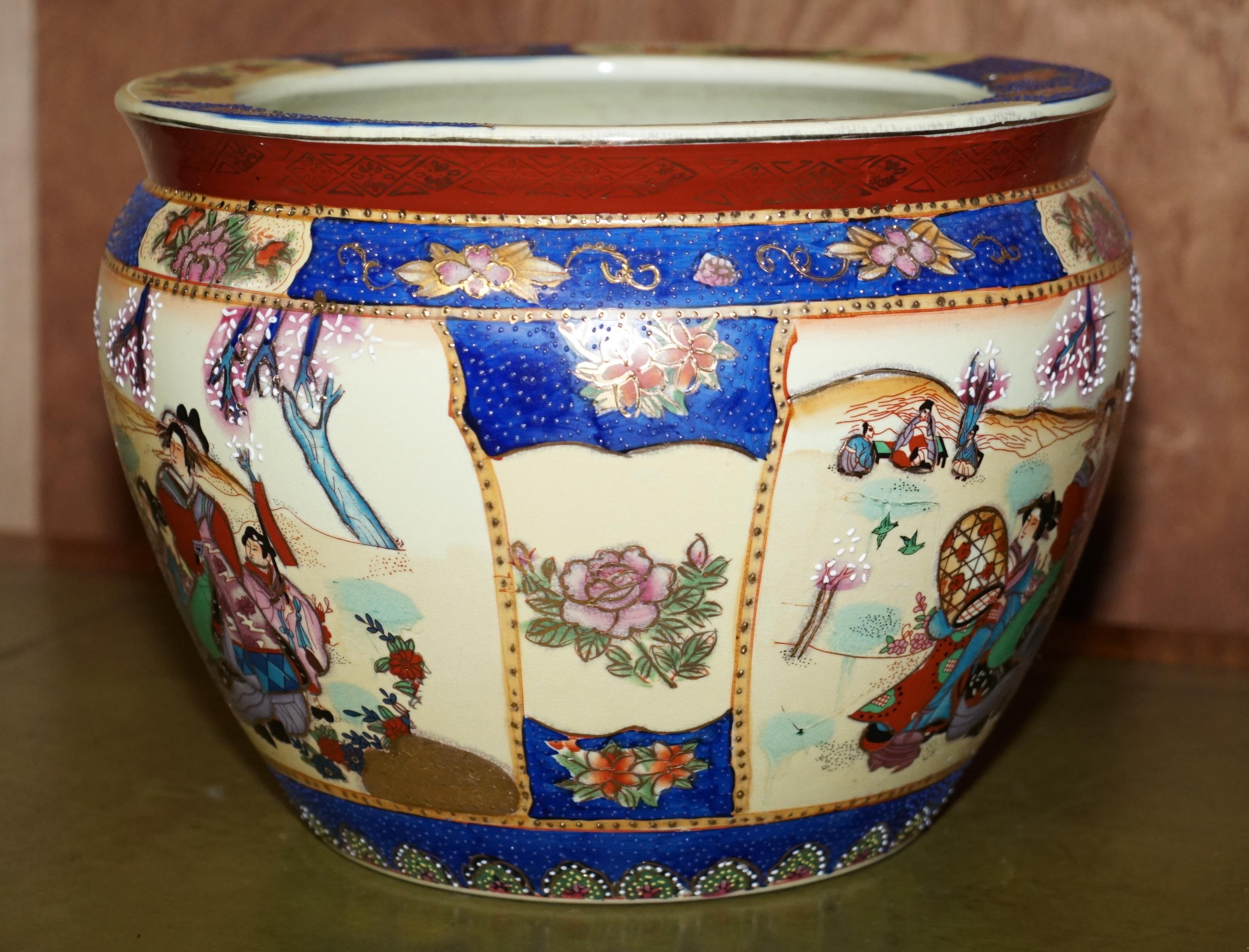 Vintage Large Chinese Export Satsuma Moriage Geishas Koi Fish Bowl Decorative For Sale 2