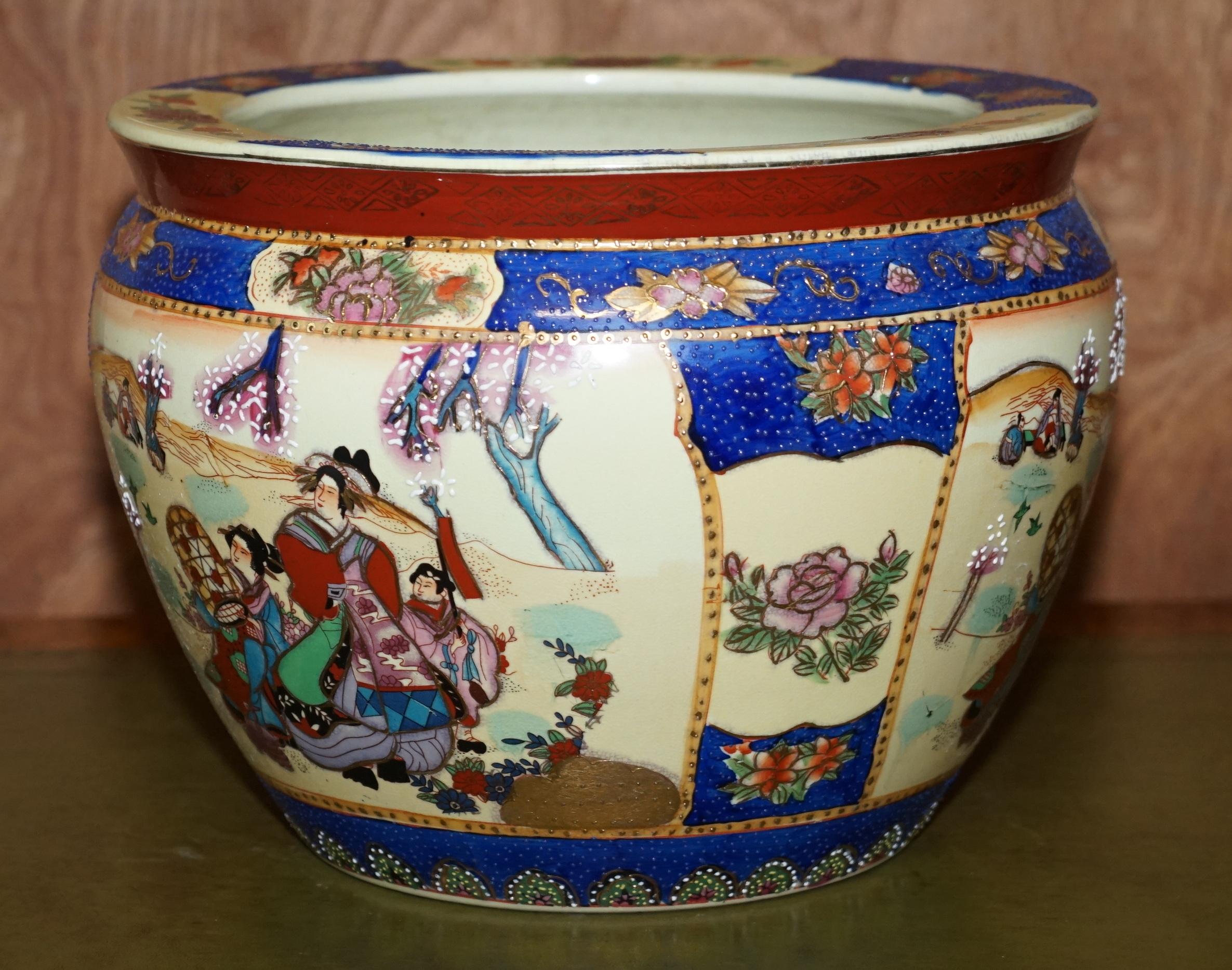 Vintage Large Chinese Export Satsuma Moriage Geishas Koi Fish Bowl Decorative For Sale 1