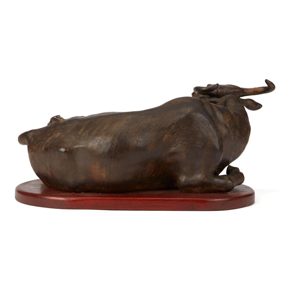 Vintage Large Chinese Mounted Pottery Water Buffalo, 20th Century In Good Condition In Bishop's Stortford, Hertfordshire