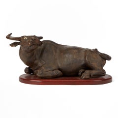 Vintage Large Chinese Mounted Pottery Water Buffalo, 20th Century