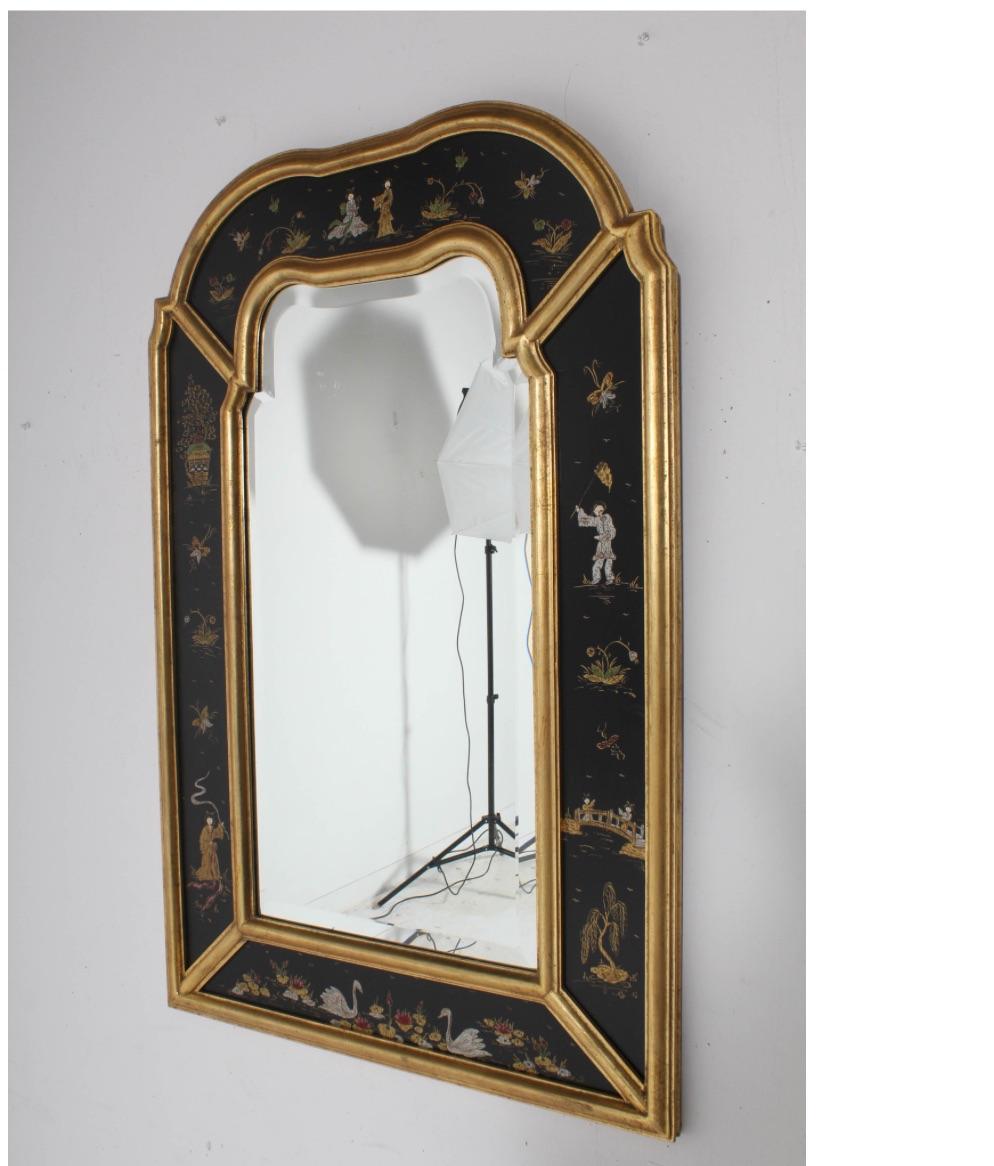 Gorgeous Hand Painted Large Chinoiserie Mirror 
by the very fine Mirror Mfg.-Friedman Brothers
Black Ground with Gilt Trim and lovely Chinese figures,
animals, and flowers.

Measures-26