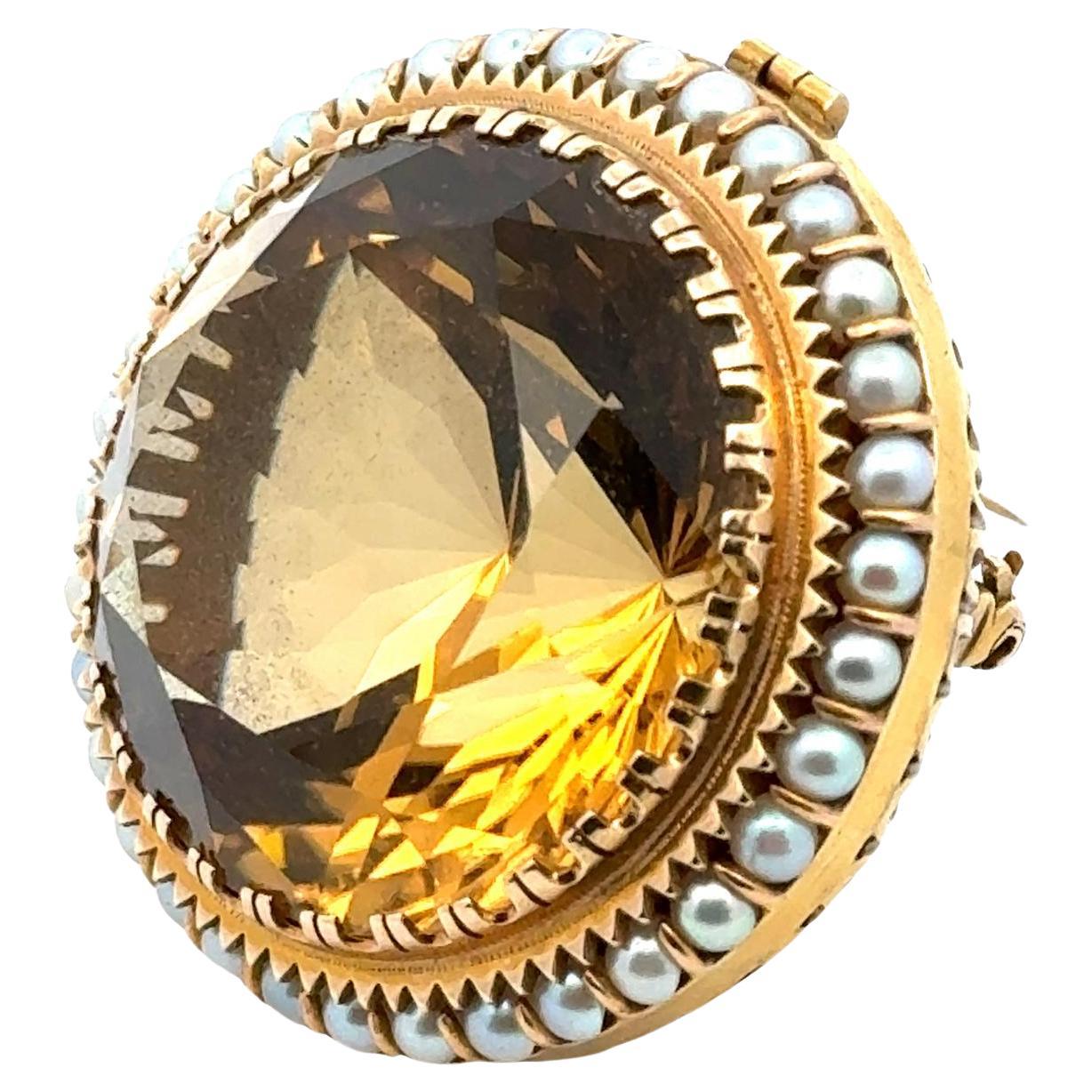 Vintage Large Citrine Gemstone Seed Pearl 14 Karat Yellow Gold Pin & Pendant For Sale