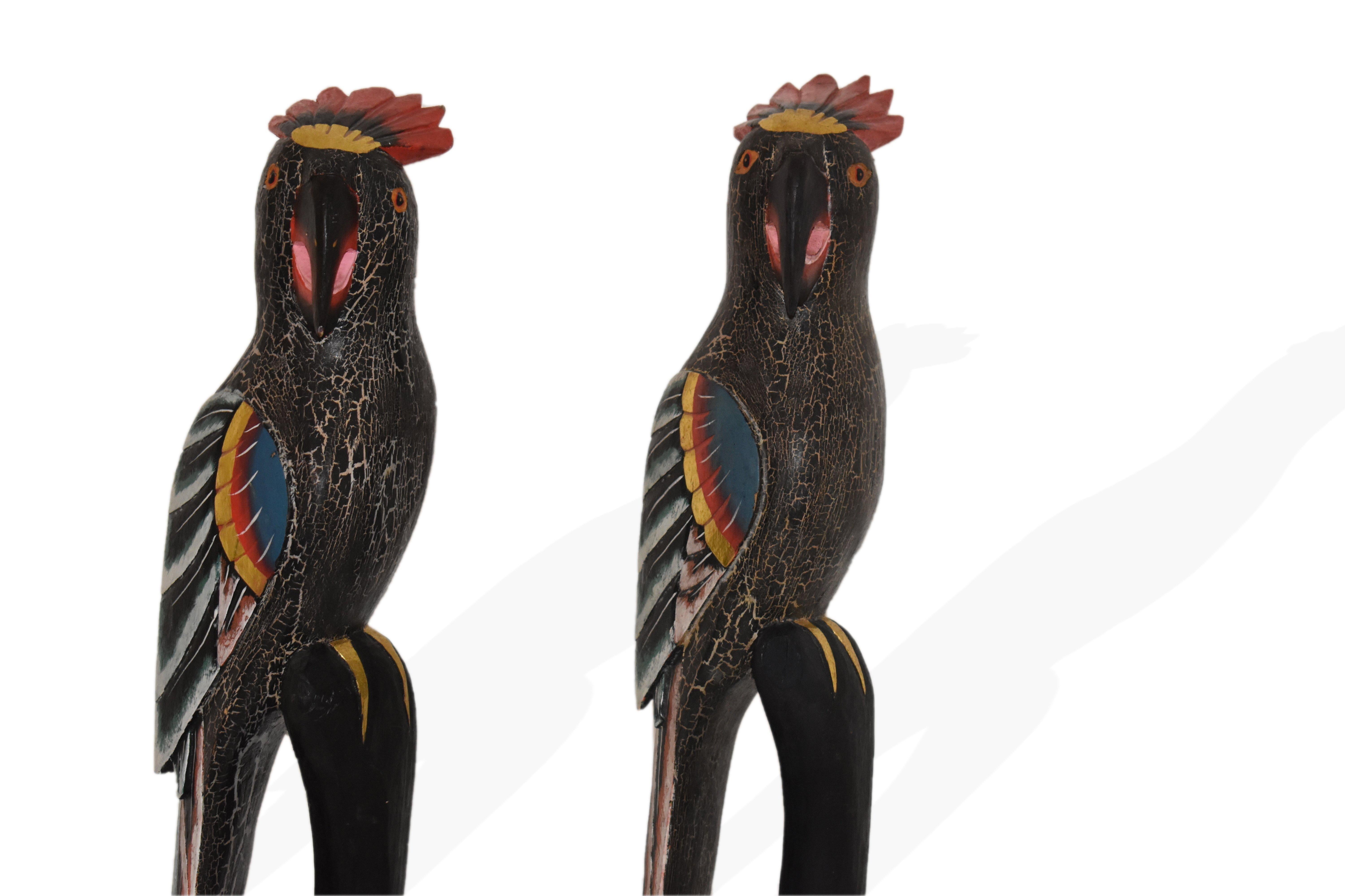 Mid-Century Modern Vintage Large Colorful Parrot Sculptures Hand-Carved from Wood