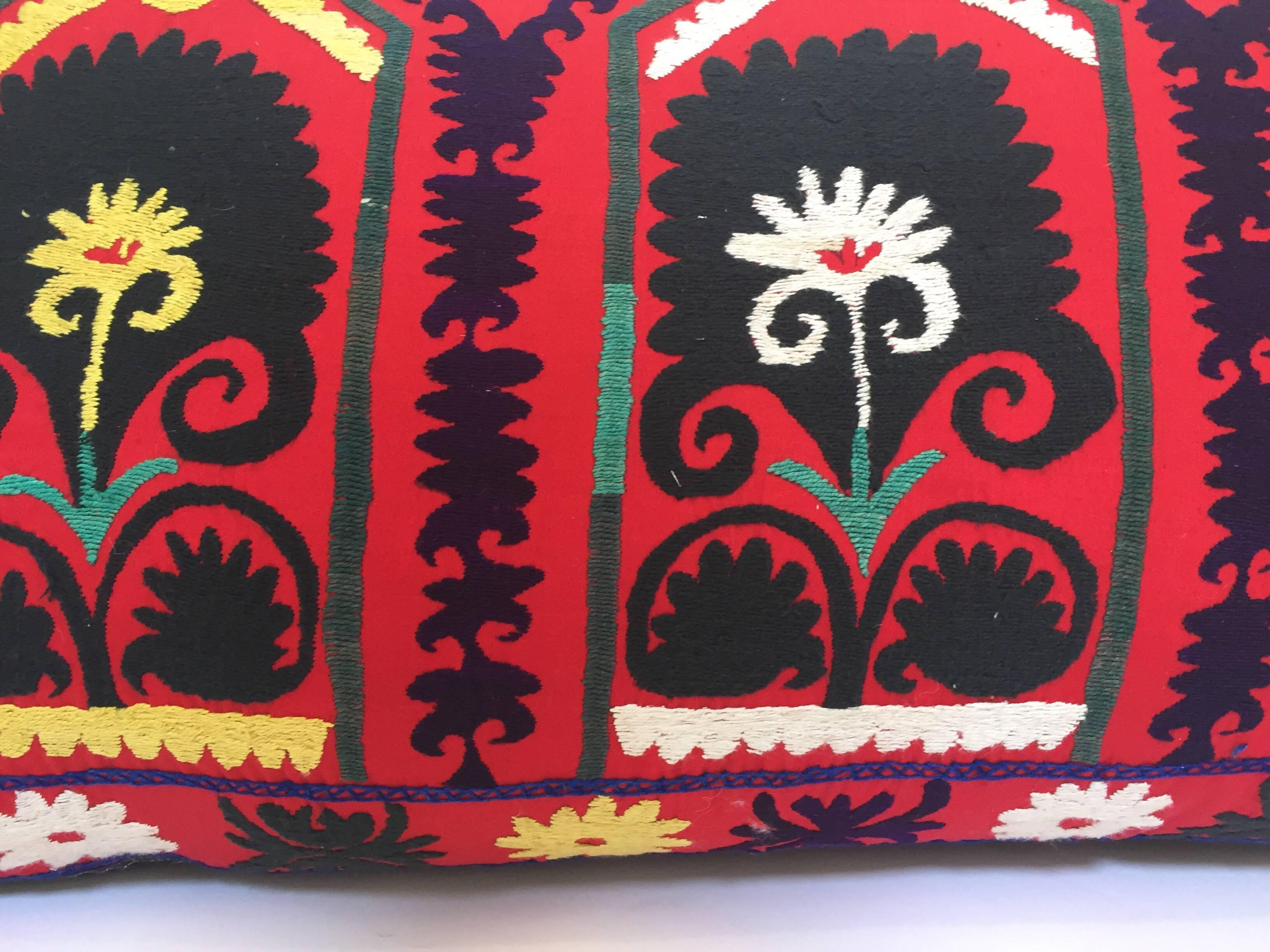 Vintage Colorful Suzani Embroidery Decorative Lumbar Pillow from Uzbekistan 3