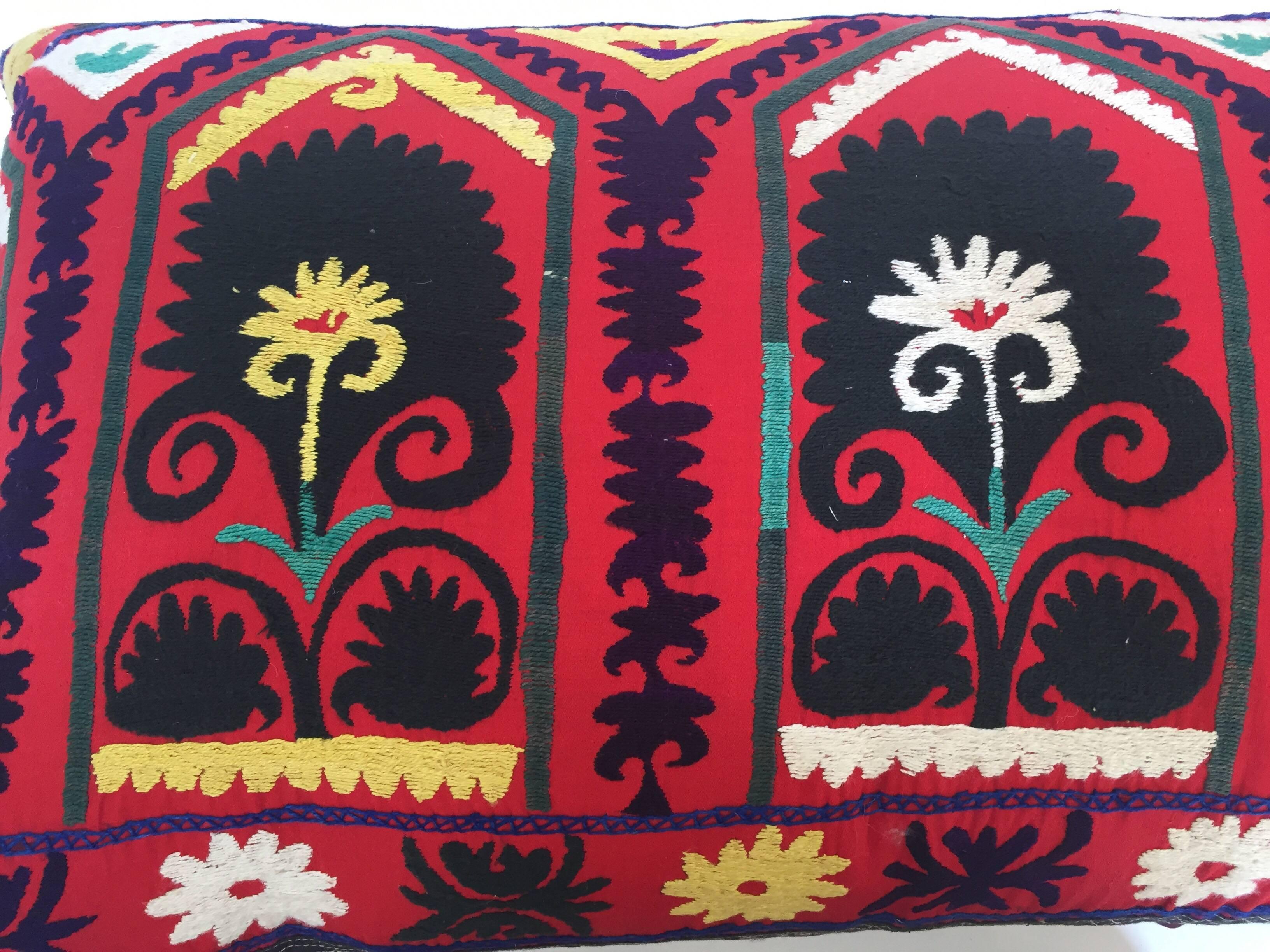 Vintage Colorful Suzani Embroidery Decorative Lumbar Pillow from Uzbekistan 7