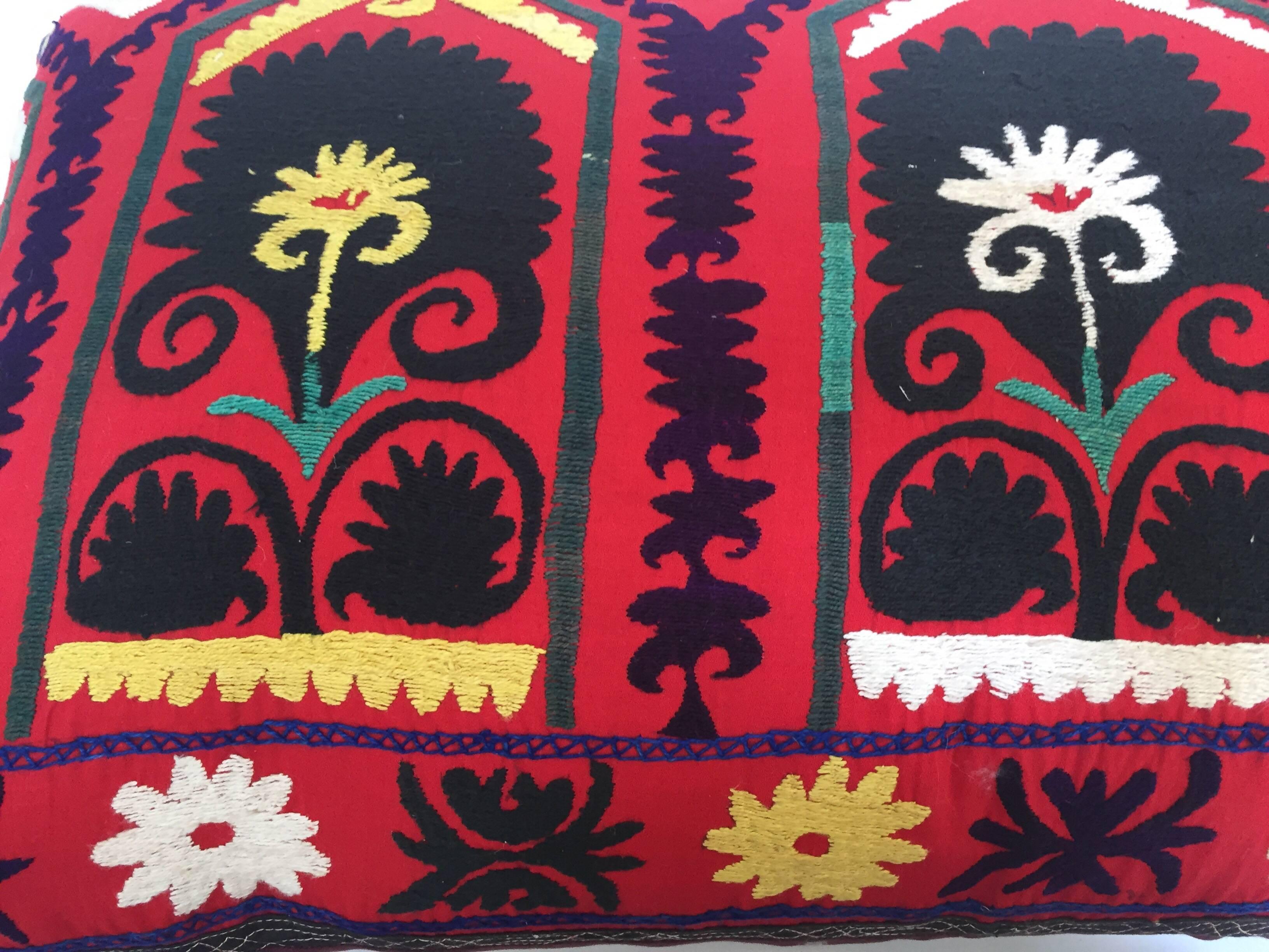 Vintage Colorful Suzani Embroidery Decorative Lumbar Pillow from Uzbekistan 8