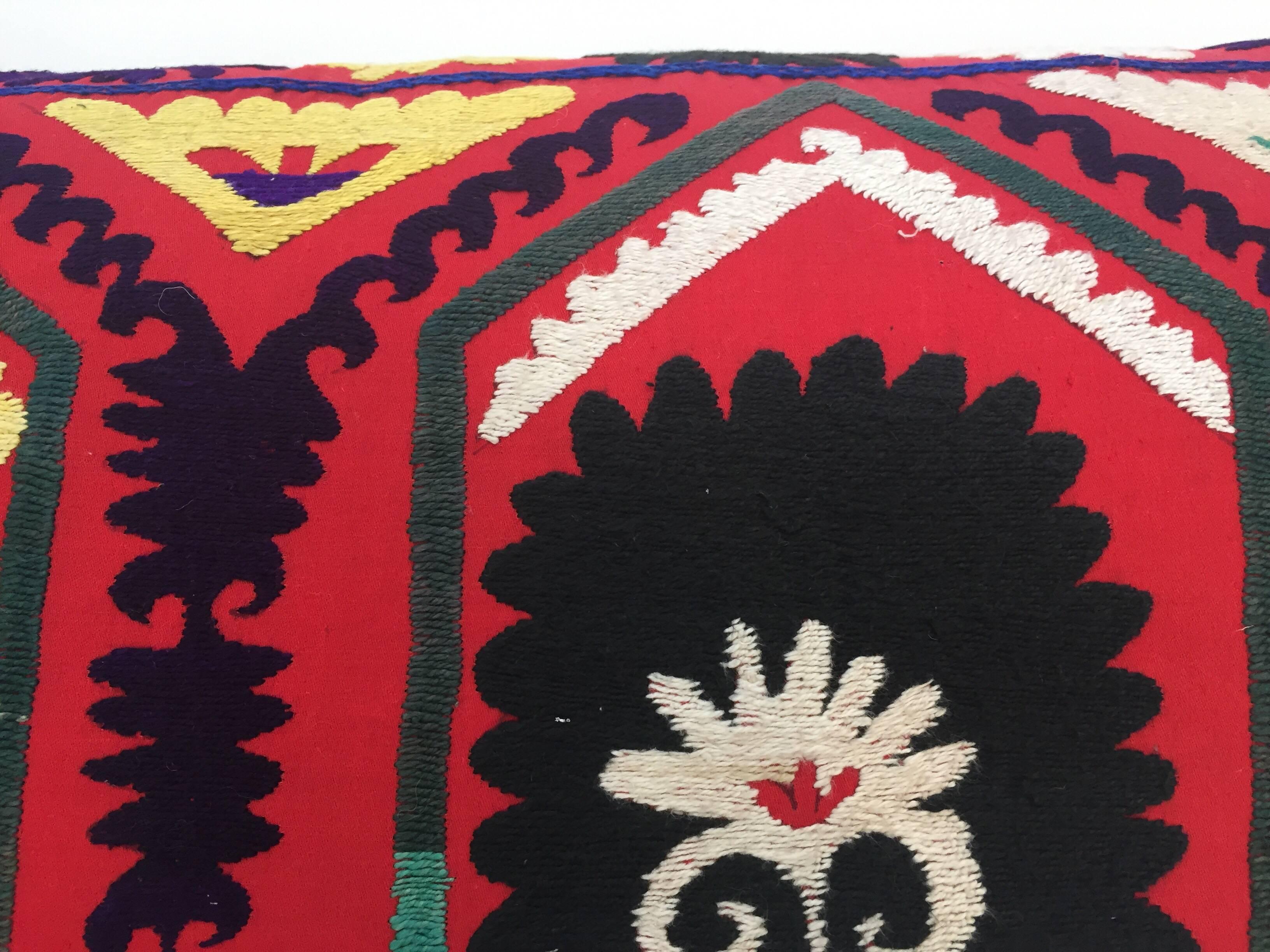 Vintage Colorful Suzani Embroidery Decorative Lumbar Pillow from Uzbekistan 9