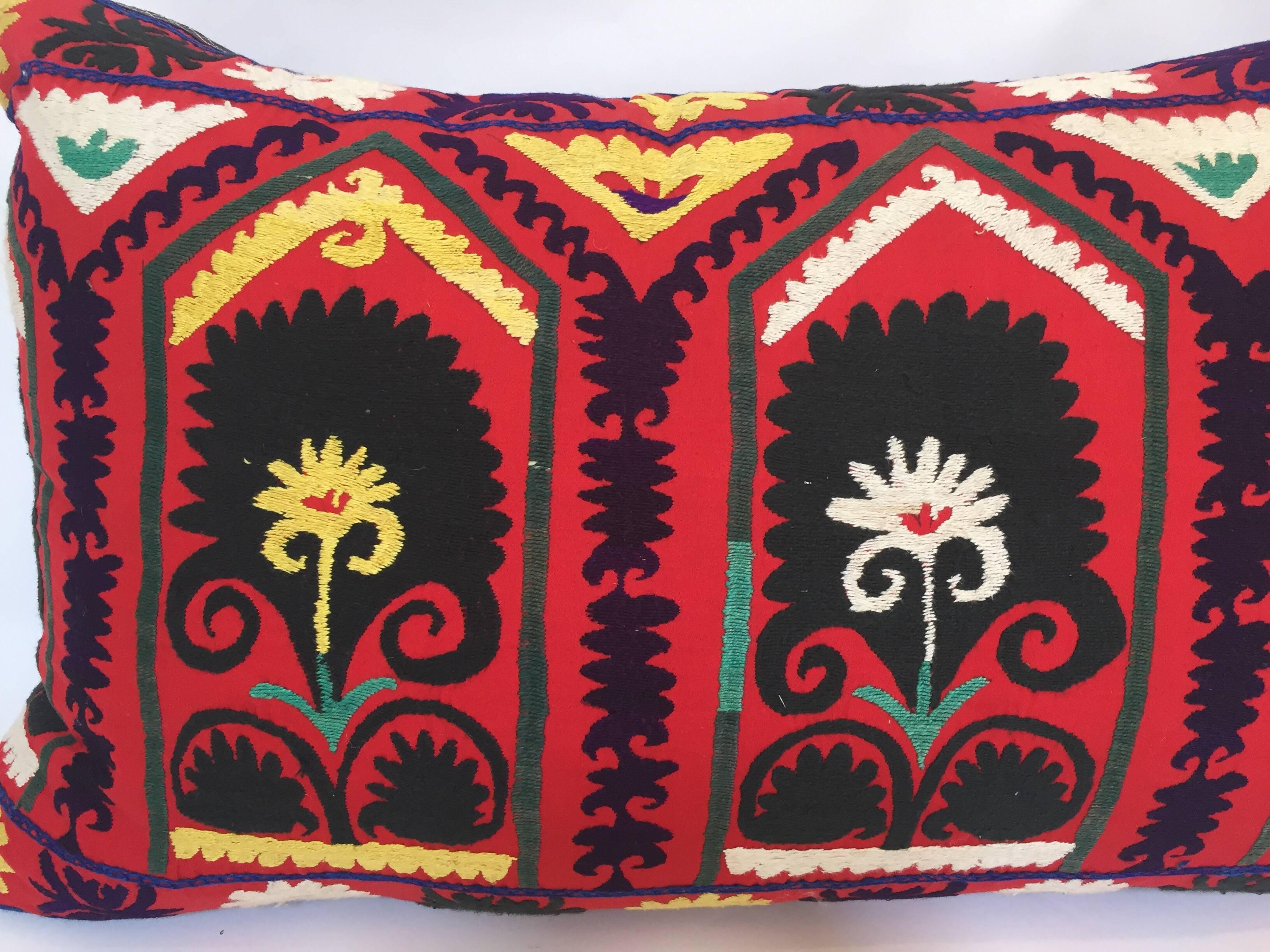Hand-Crafted Vintage Colorful Suzani Embroidery Decorative Lumbar Pillow from Uzbekistan