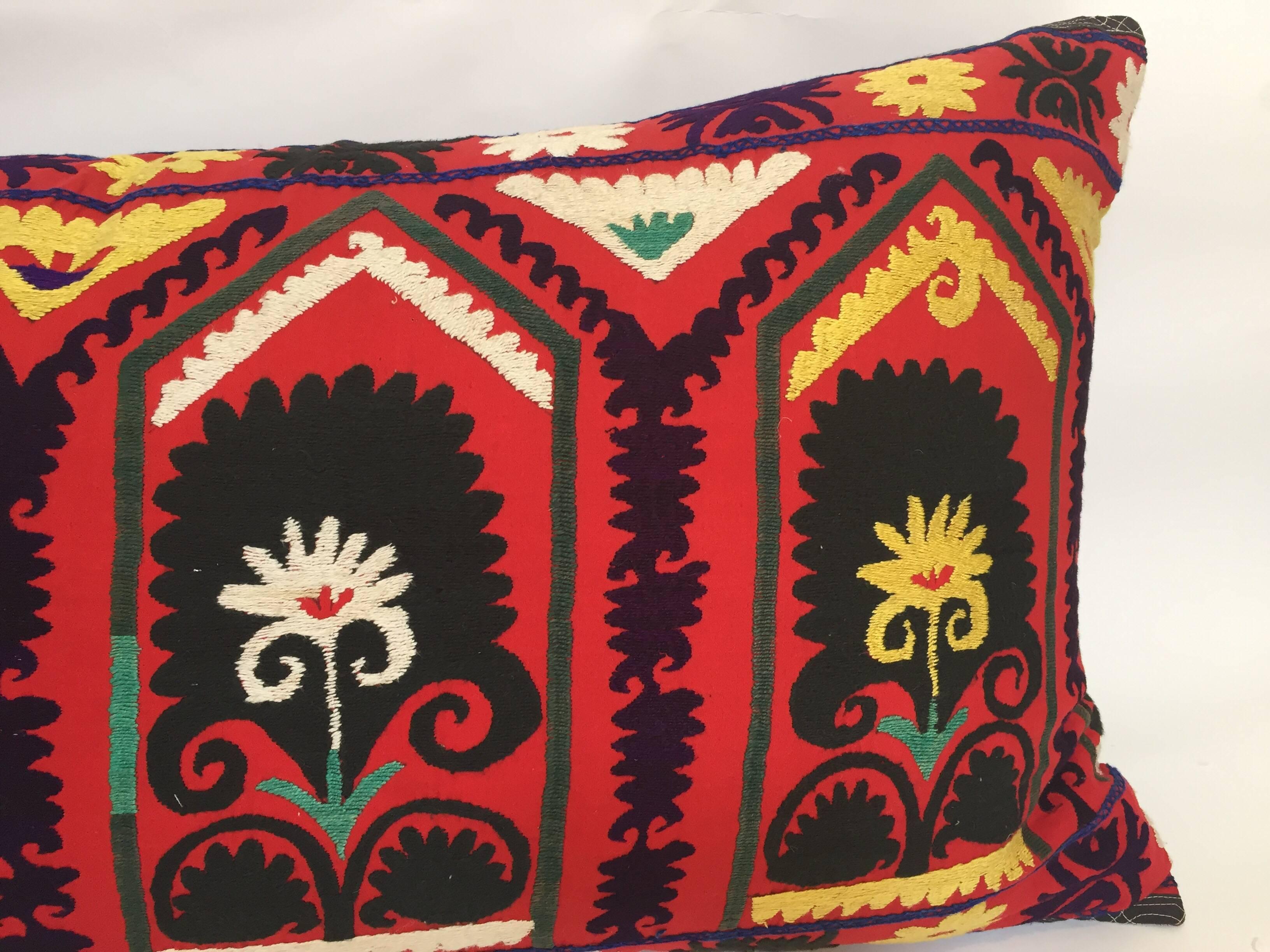 Vintage Colorful Suzani Embroidery Decorative Lumbar Pillow from Uzbekistan In Good Condition In North Hollywood, CA