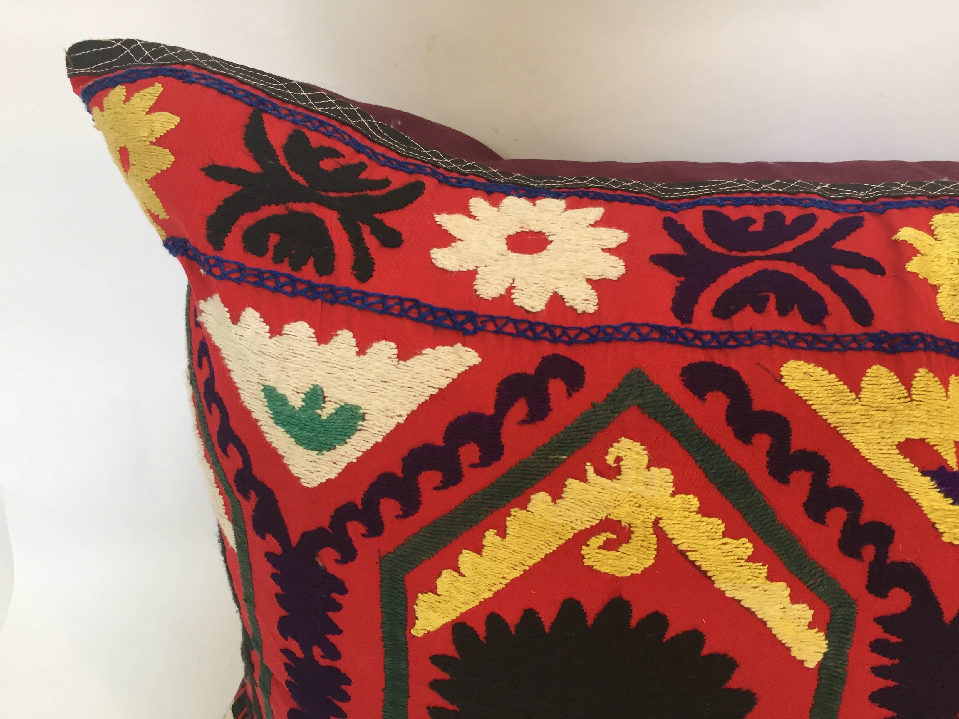 20th Century Vintage Colorful Suzani Embroidery Decorative Lumbar Pillow from Uzbekistan