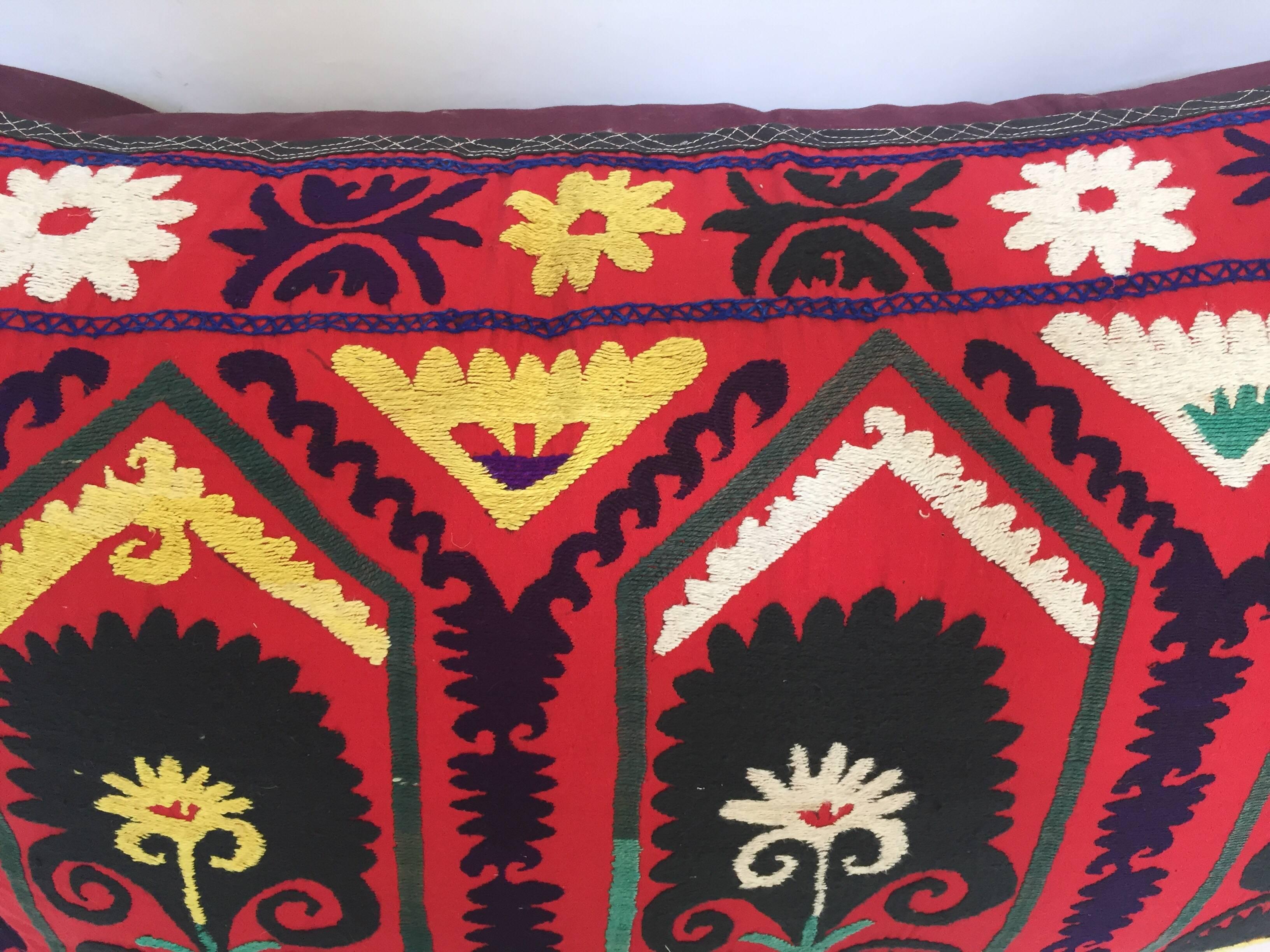 Cotton Vintage Colorful Suzani Embroidery Decorative Lumbar Pillow from Uzbekistan