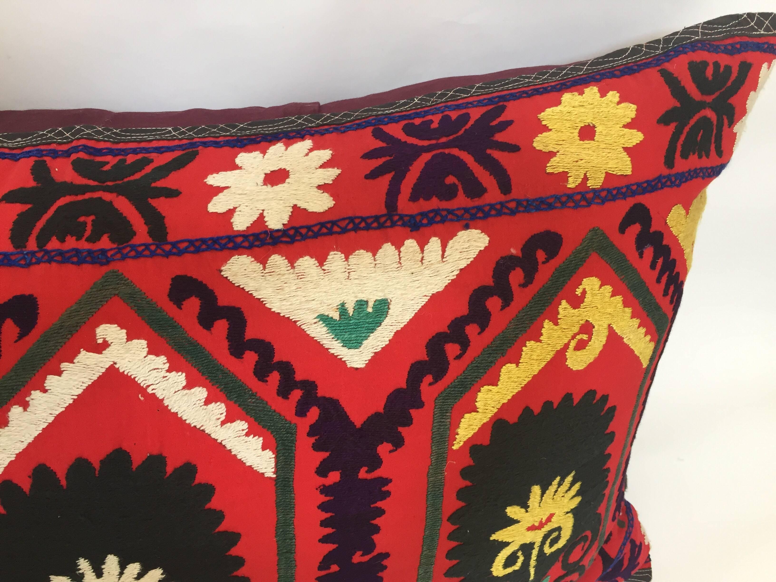 Vintage Colorful Suzani Embroidery Decorative Lumbar Pillow from Uzbekistan 1