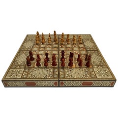 Vintage Large Complete Syrian Inlaid Mosaic Backgammon and Chess Game