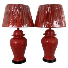 Vintage Large Coral Porcelain Ginger Jar Lamps with Shades & Finials