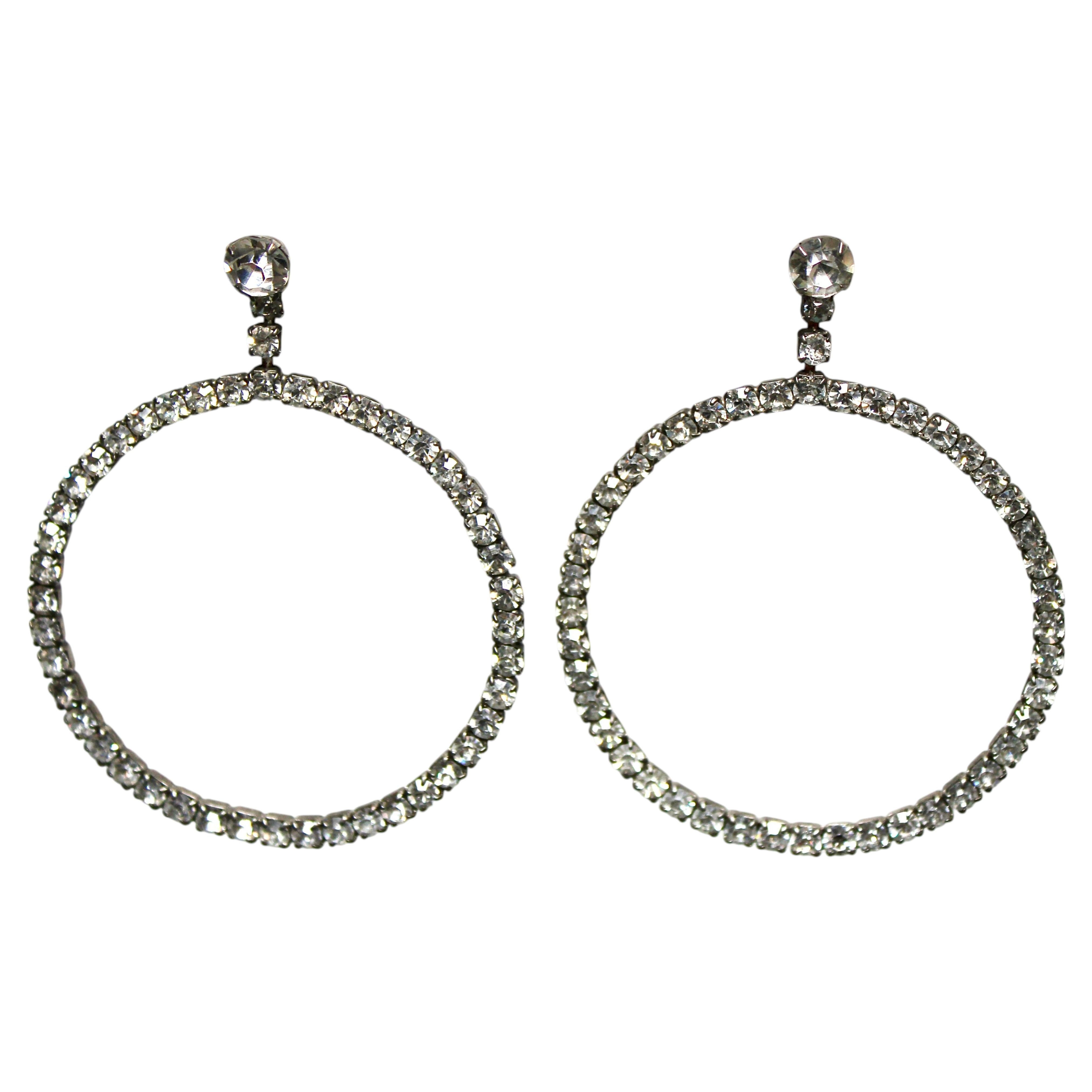 Vintage Large Crystal & Sterling Silver Drop Hoop Earrings