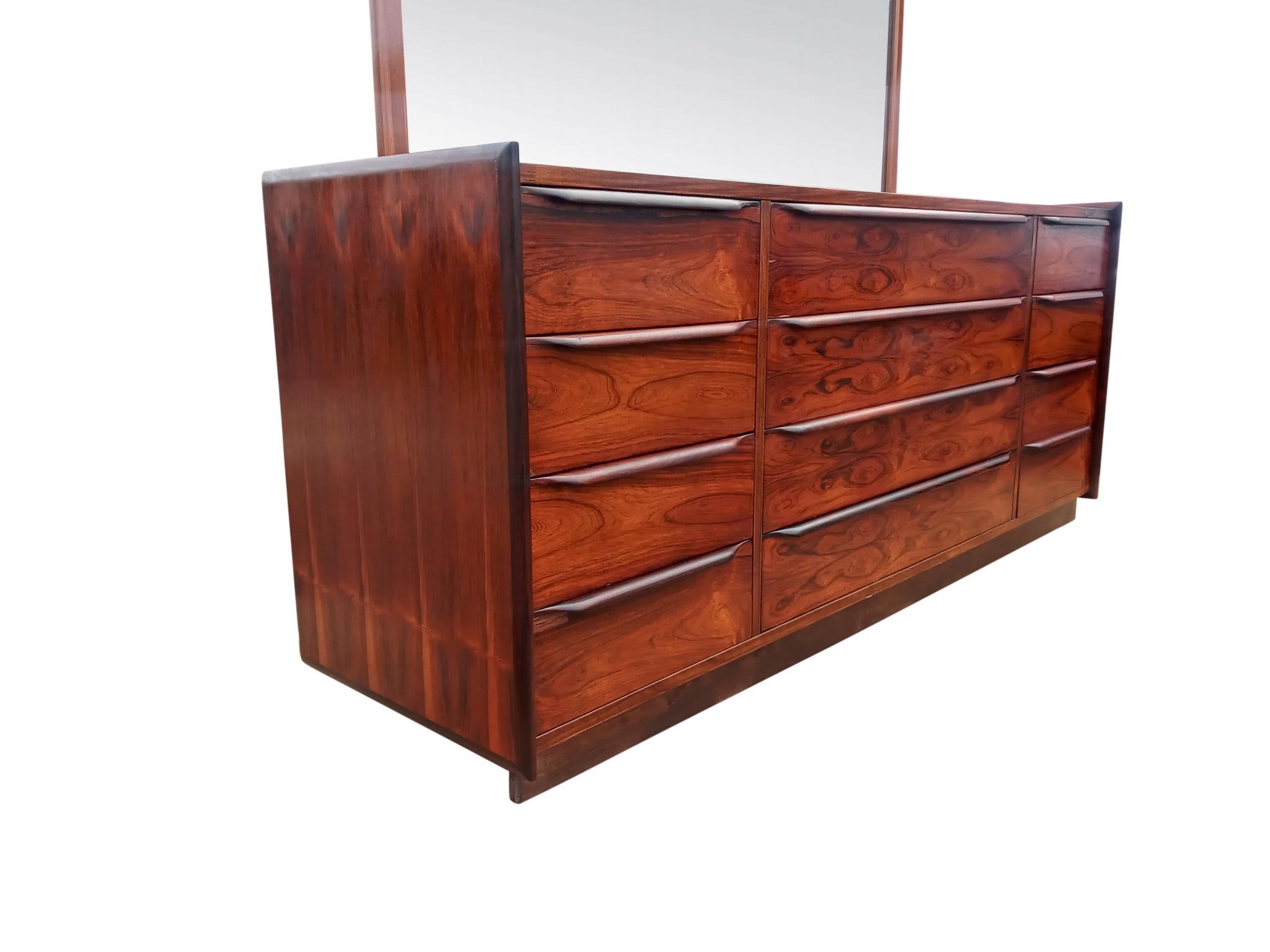 Mid-Century Modern Large Vintage Danish Scandinavian Rosewood Dresser & Teak Mirror Restored MCM For Sale