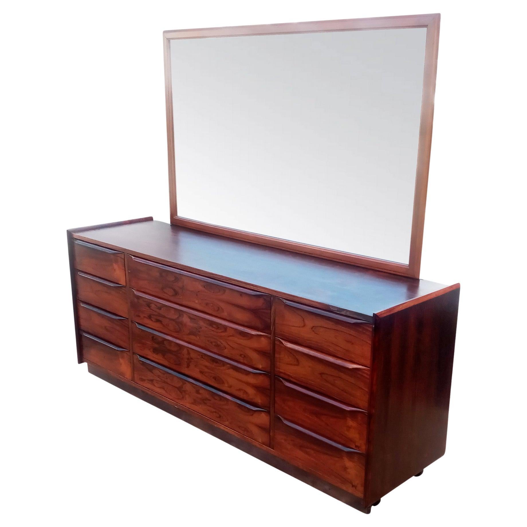 Large Vintage Danish Scandinavian Rosewood Dresser & Teak Mirror Restored MCM