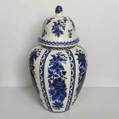 Vintage Large Delft Vase with Lid, White Glaze with Blue Decor