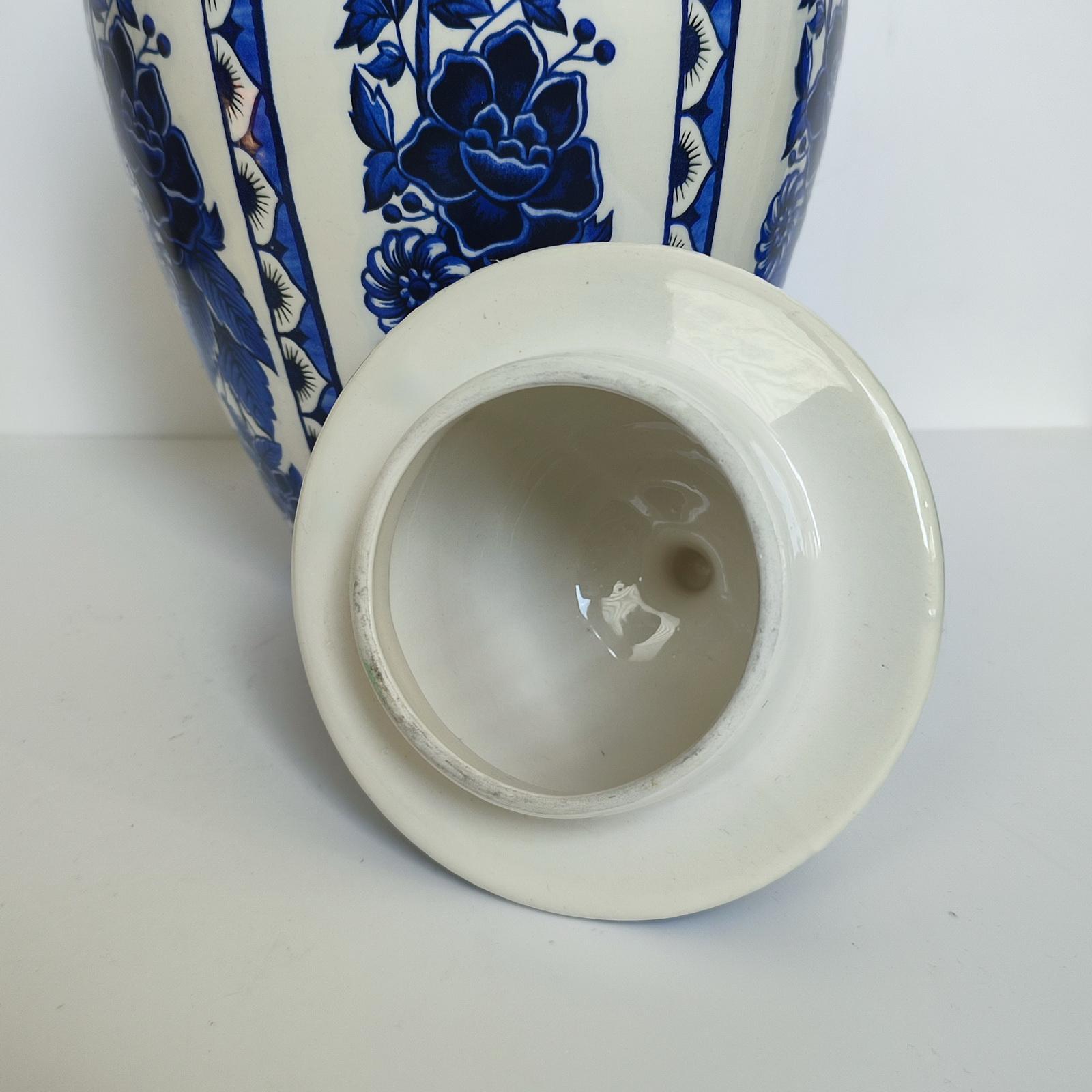 Hand-Painted Vintage Large Delft Vase with Lid, White Glaze with Blue Decor, Free Shipping For Sale