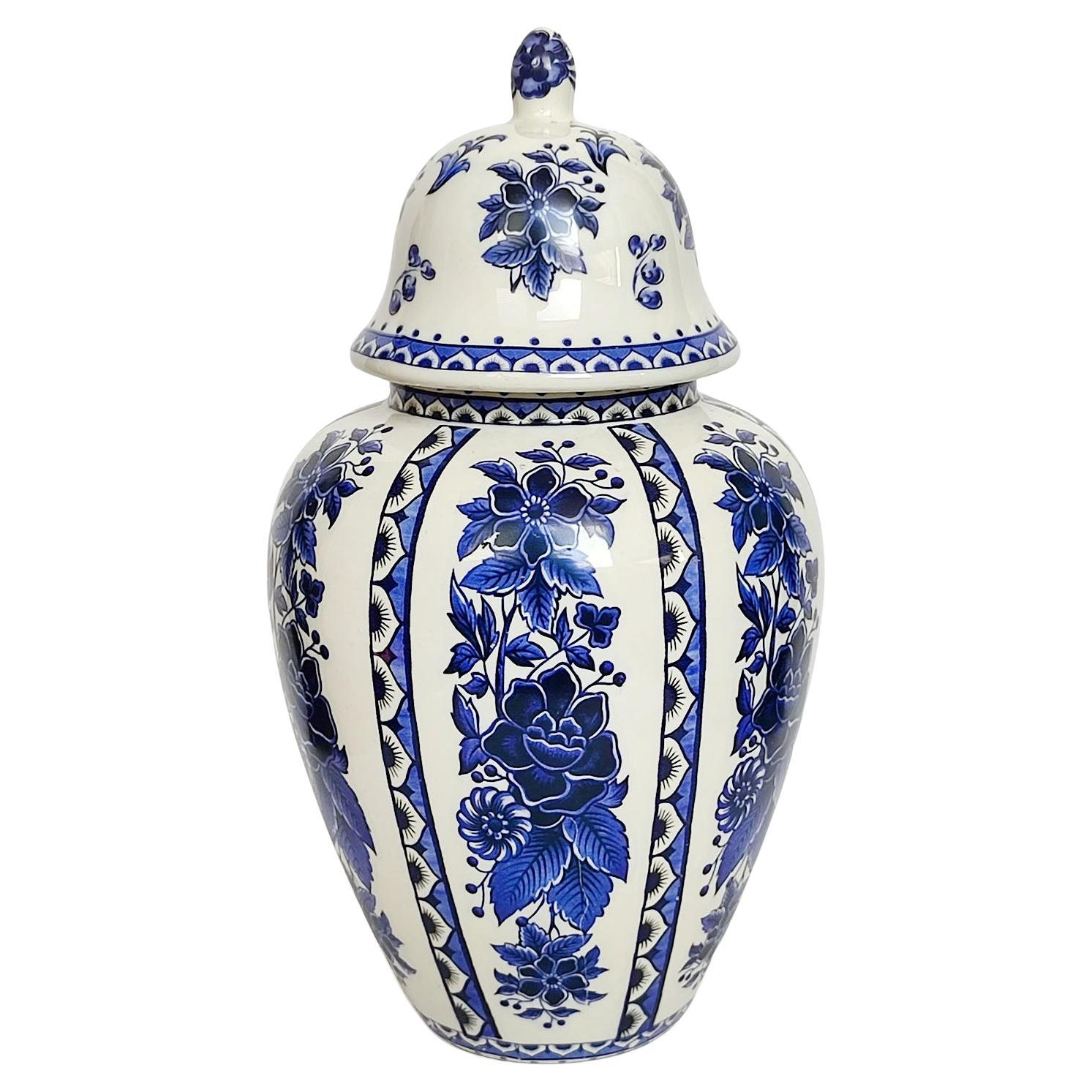 Vintage Large Delft Vase with Lid, White Glaze with Blue Decor, Free Shipping For Sale